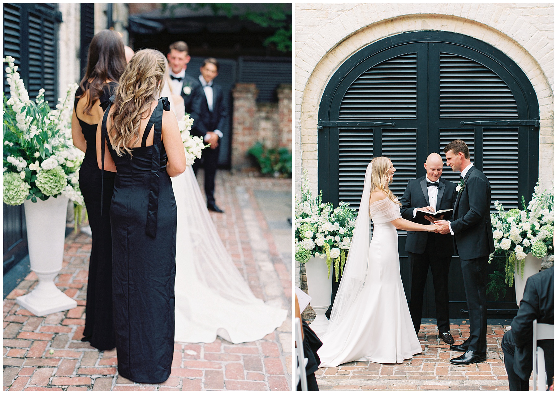 bride and groom hold hands by black doors at the William Aiken House