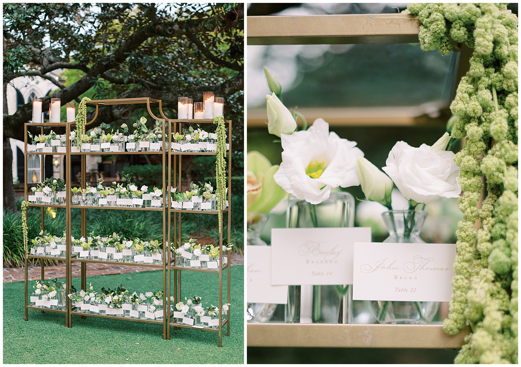 flowers in clear glasses with escort cards on display of gold cabinet 