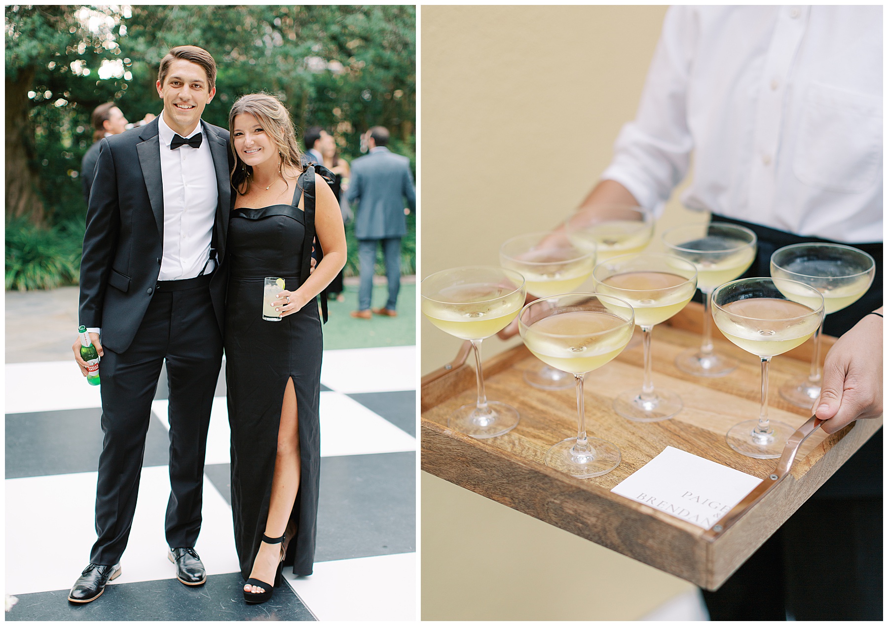champagne glasses carried on wooden tray for wedding reception 