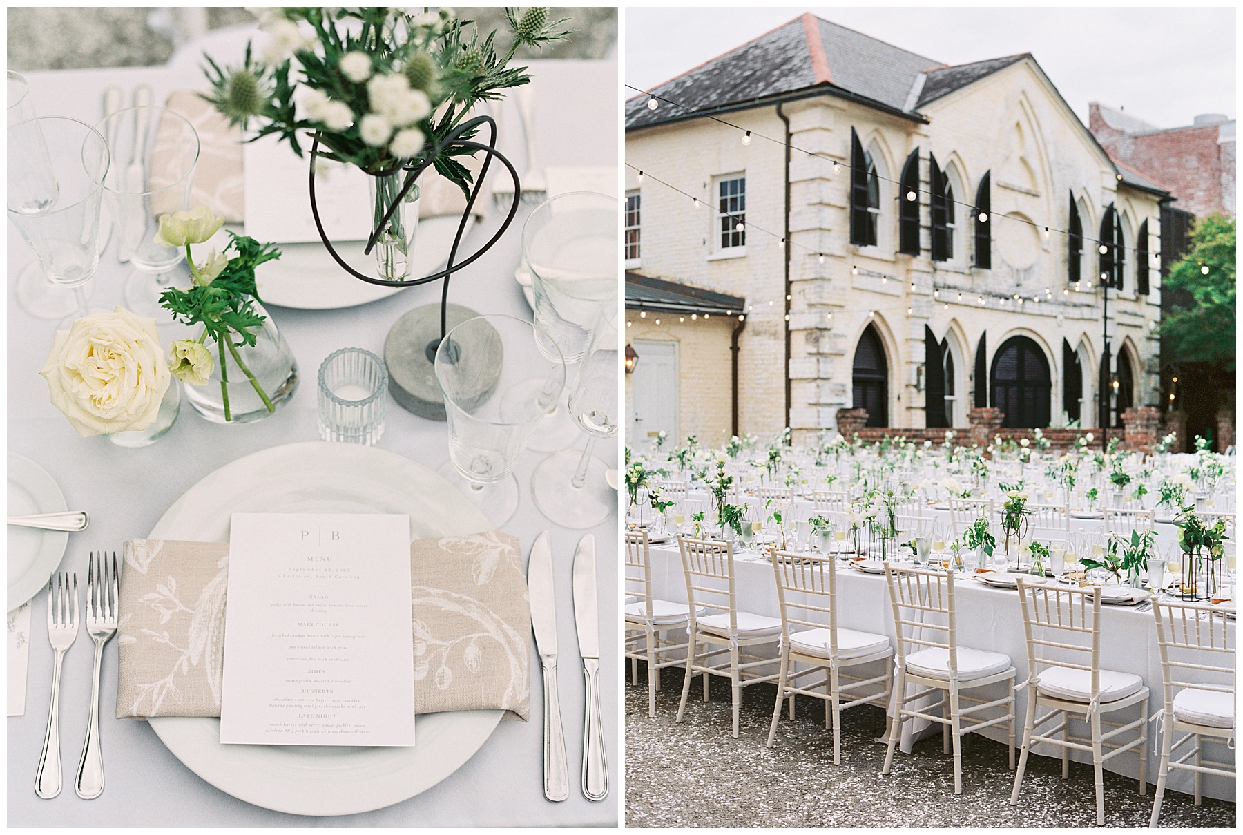 outdoor wedding reception with family style seating with white table cloths and simple white flowers arrangements in the middle 