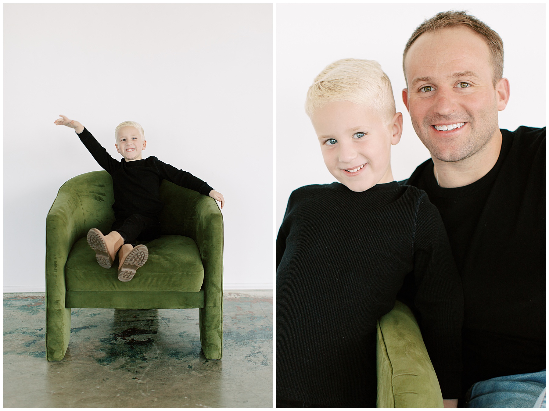 dad and son sit in green chair during Charlotte family photos by white wall