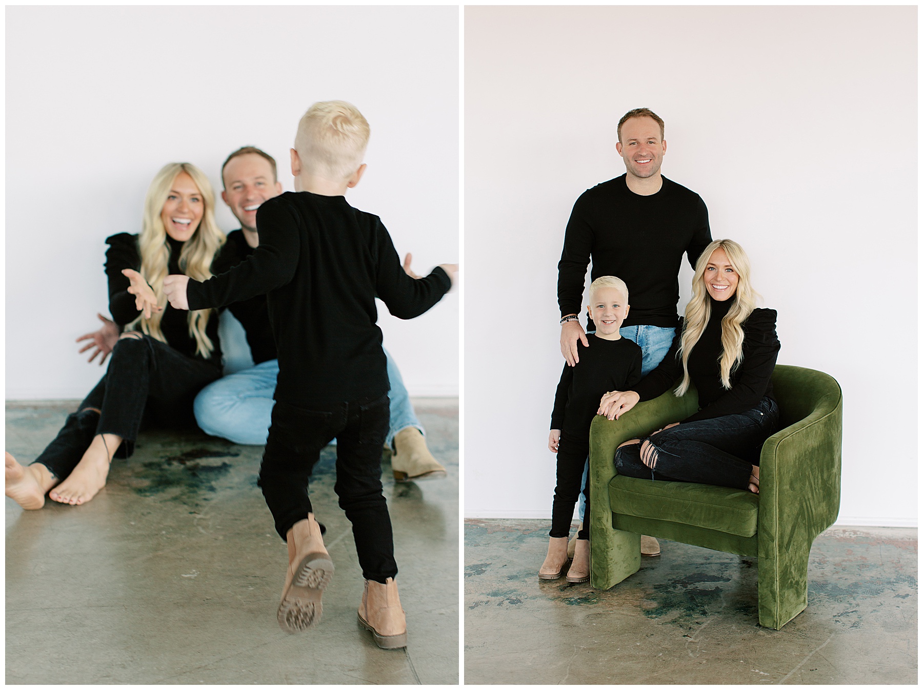 couple sit inside Charlotte studio with blonde boy during family photos 