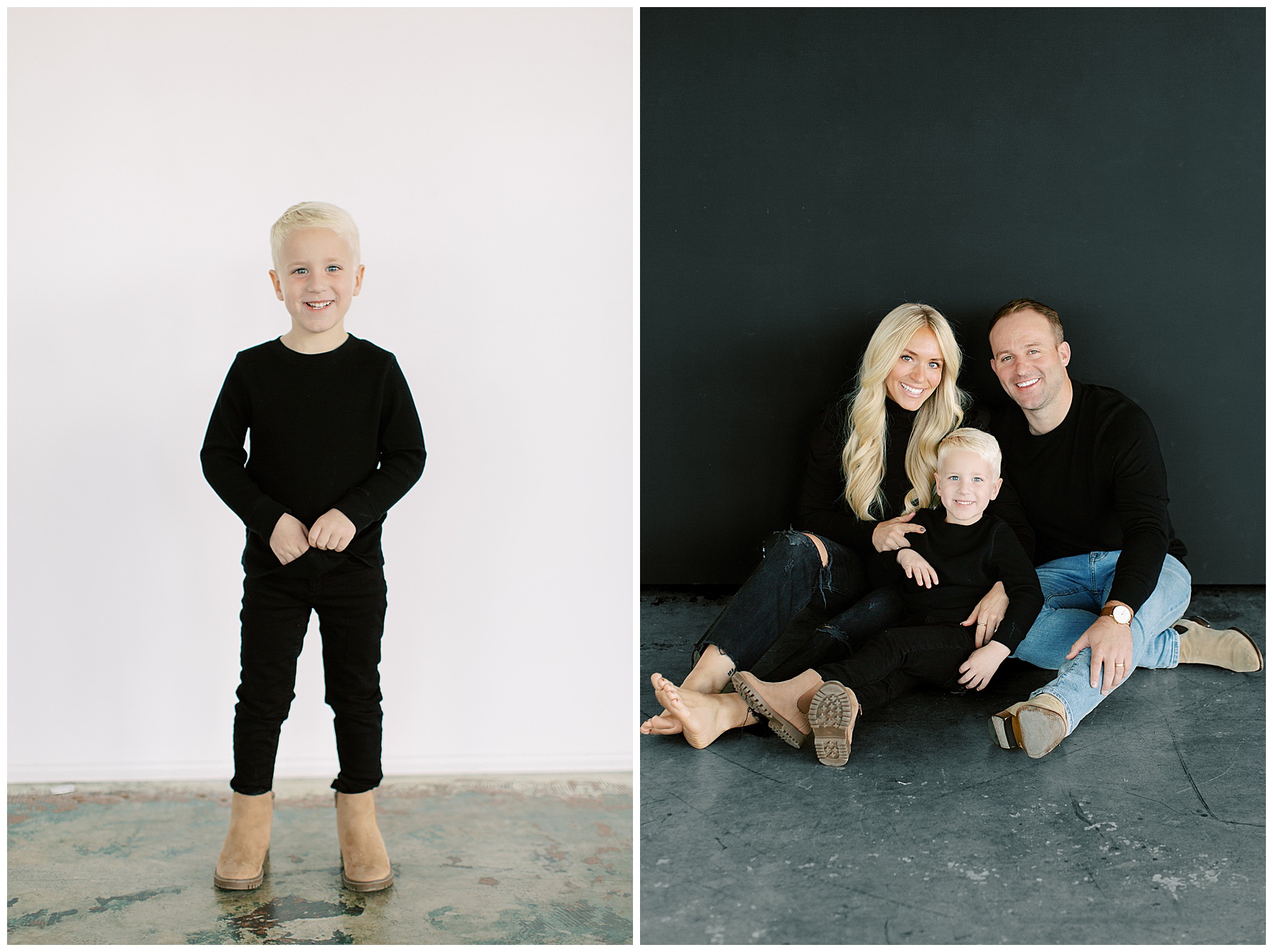 blonde boy stands in black outfit with tan boots in front of white wall during Charlotte studio family session