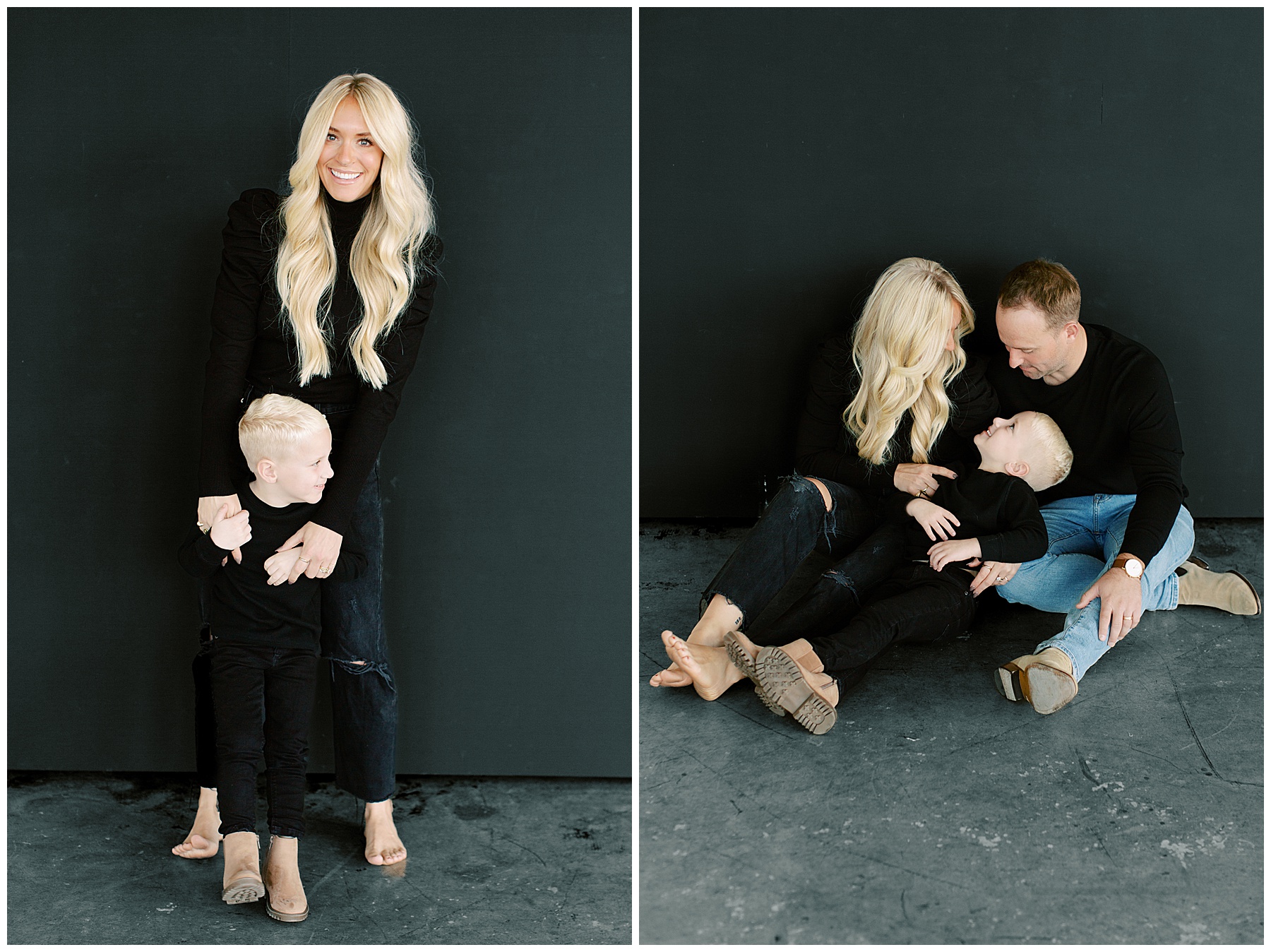 parents snuggle with son during Charlotte studio family session against dark green wall