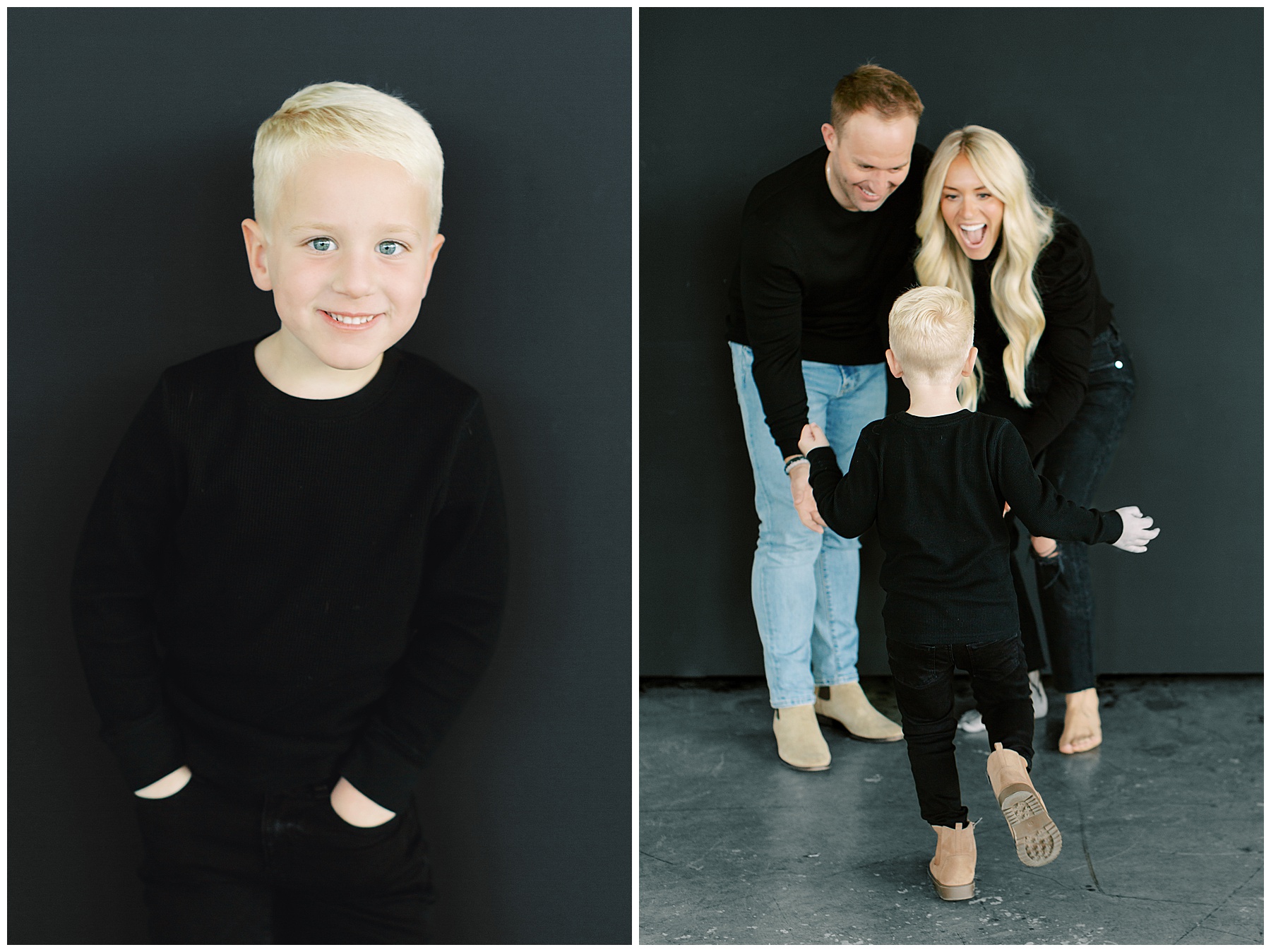 blonde boy with blue eyes runs to his parents during family photos in Charlotte studio 