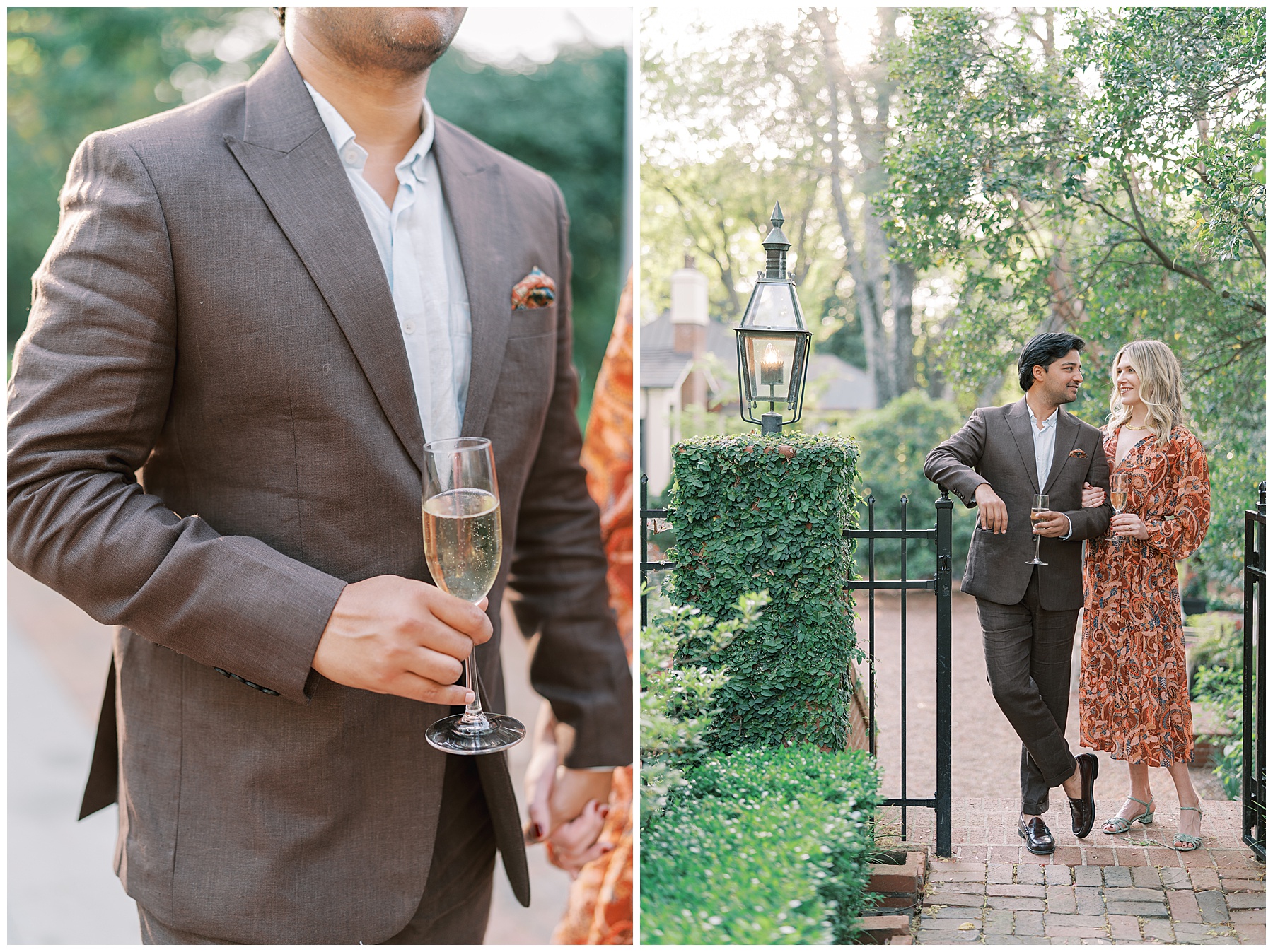 man holds glass of champagne while woman holds his arm in gateway of Duke Mansion