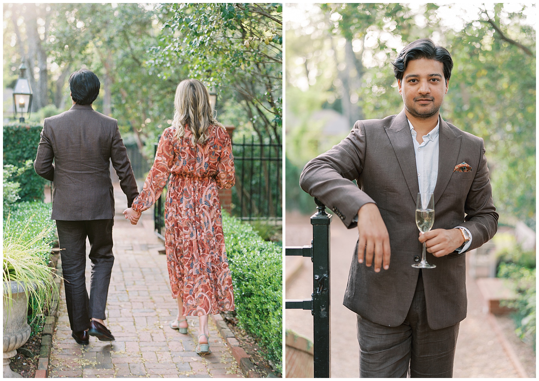 engaged couple holds hands walking down brick pathway while man holds glass of champagne 