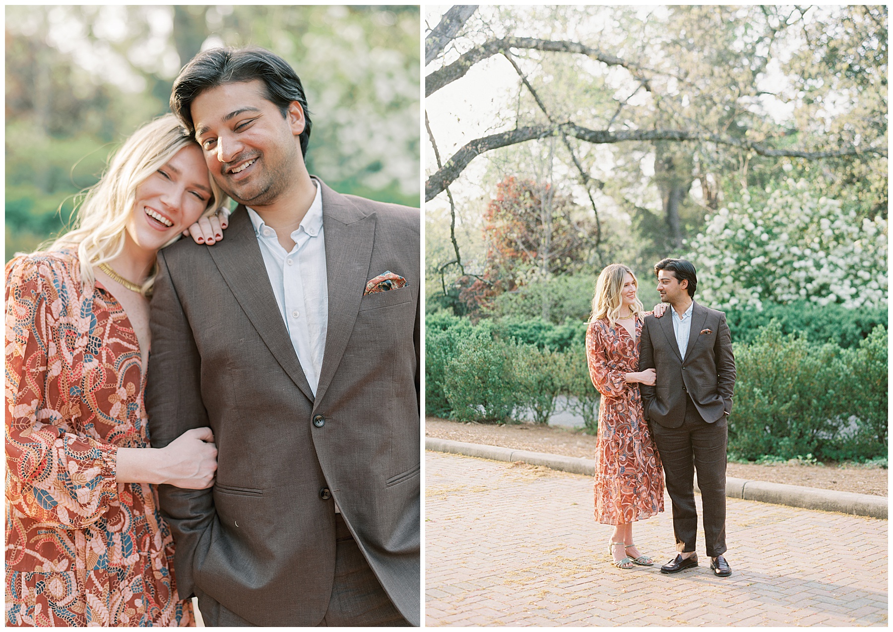 blonde woman holds onto man's shoulders leaning into him in gardens of Duke Mansion