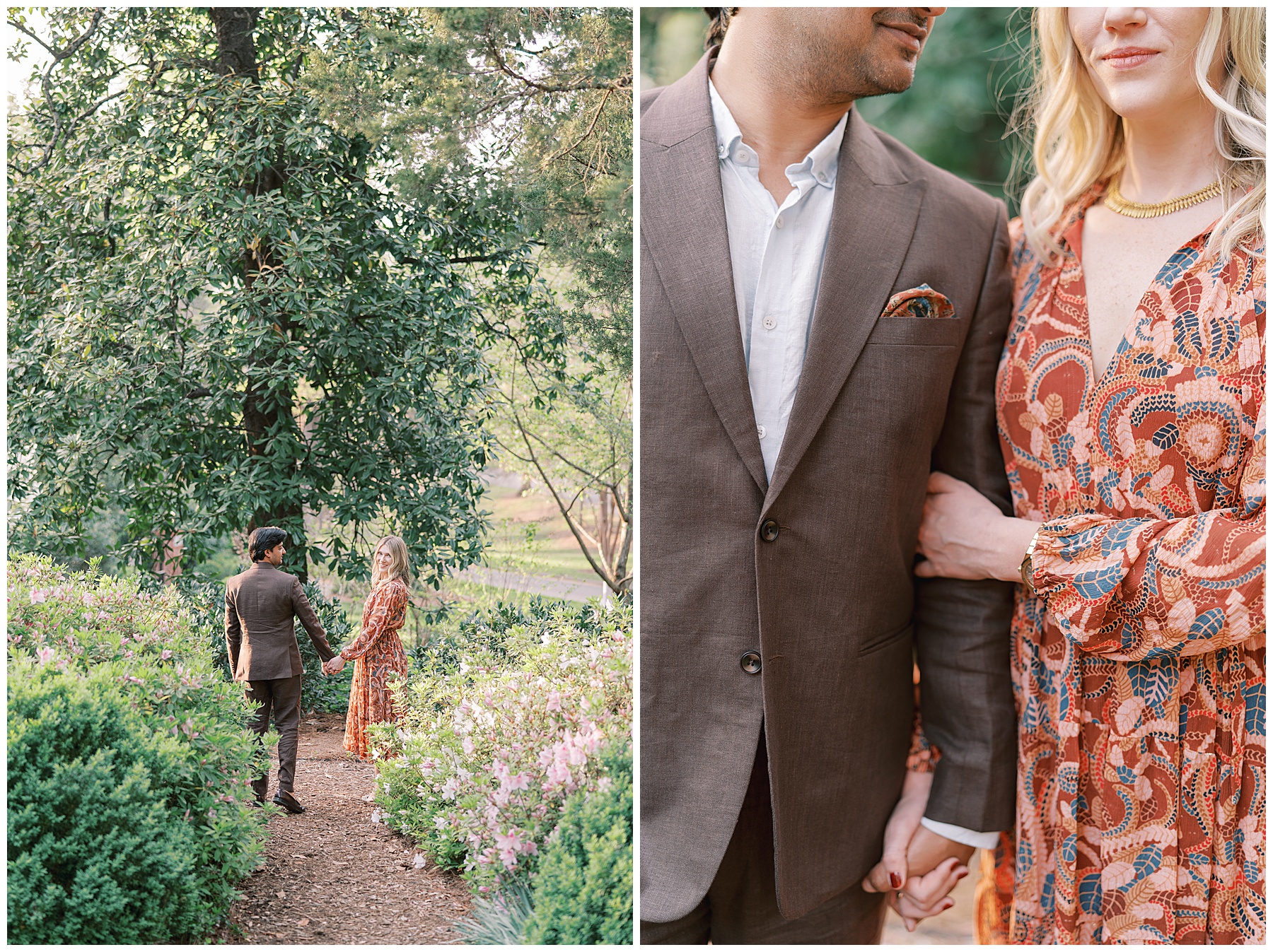 man holds woman's hand walking through gardens at Duke Mansion with woman holding his arm