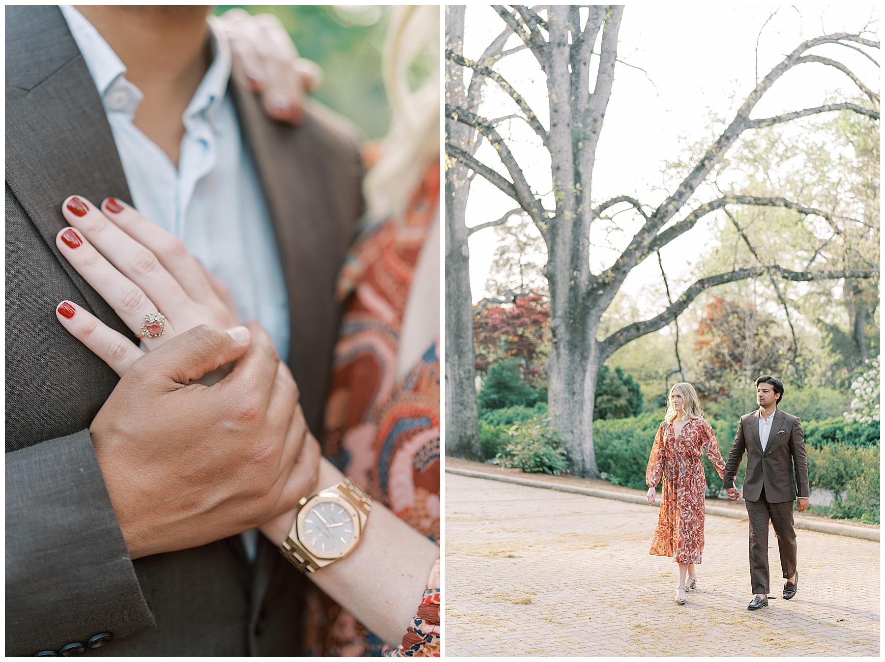 man holds woman's hand on his chest showing off engagement ring with orange stone and gold band