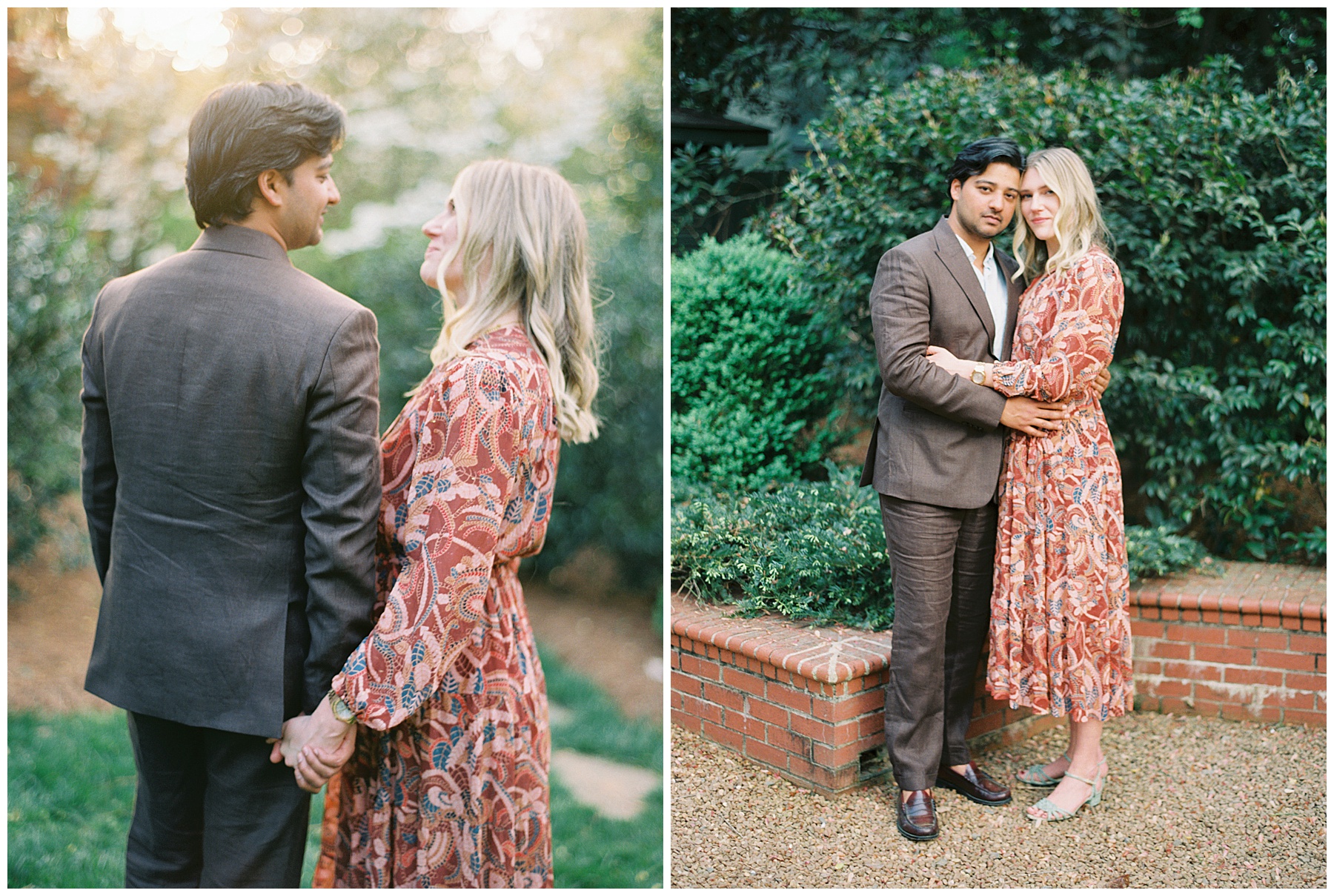 man and woman hug in gardens during Duke Mansion engagement session