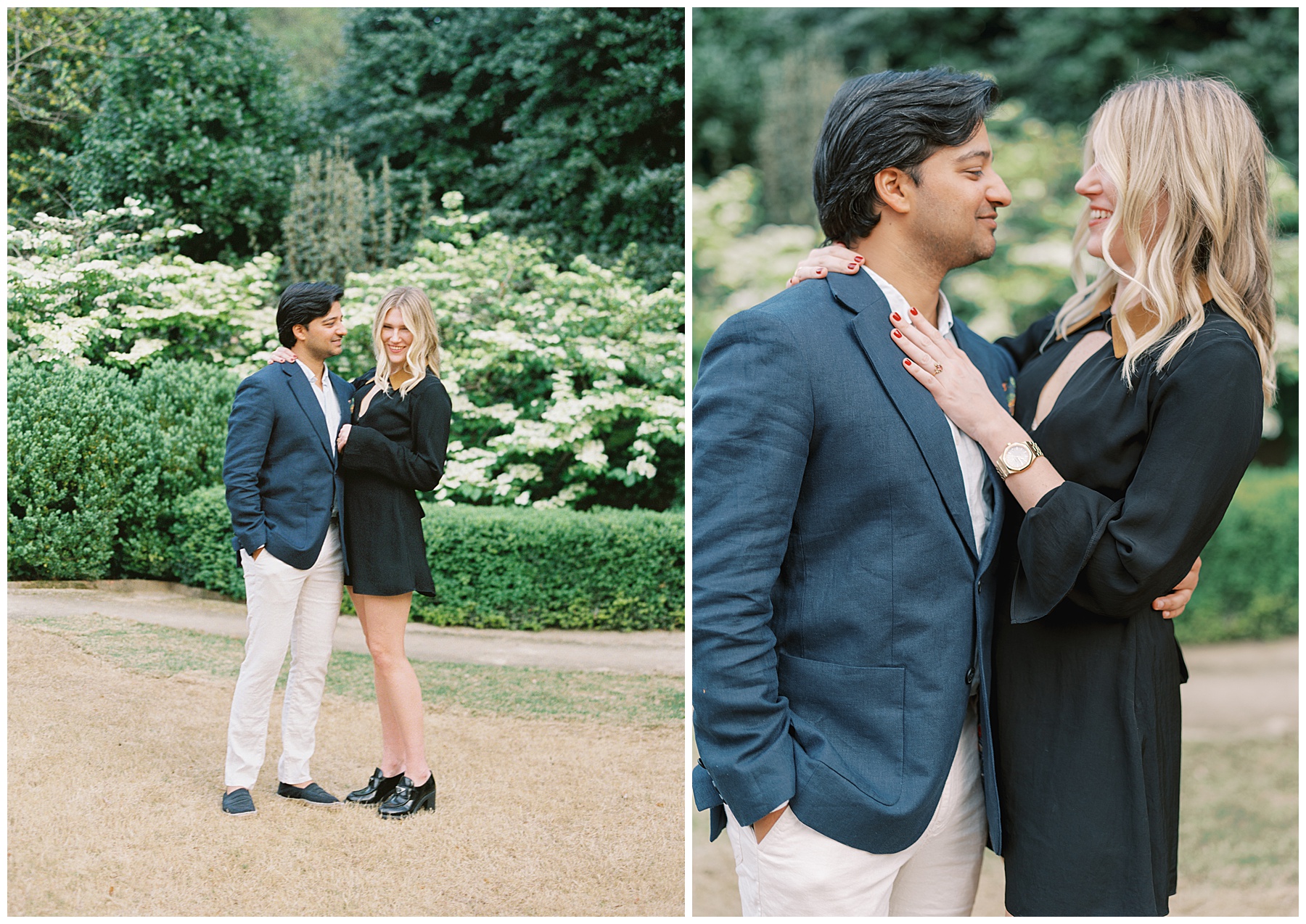 engaged couple hugs during Duke Mansion engagement session in the gardens