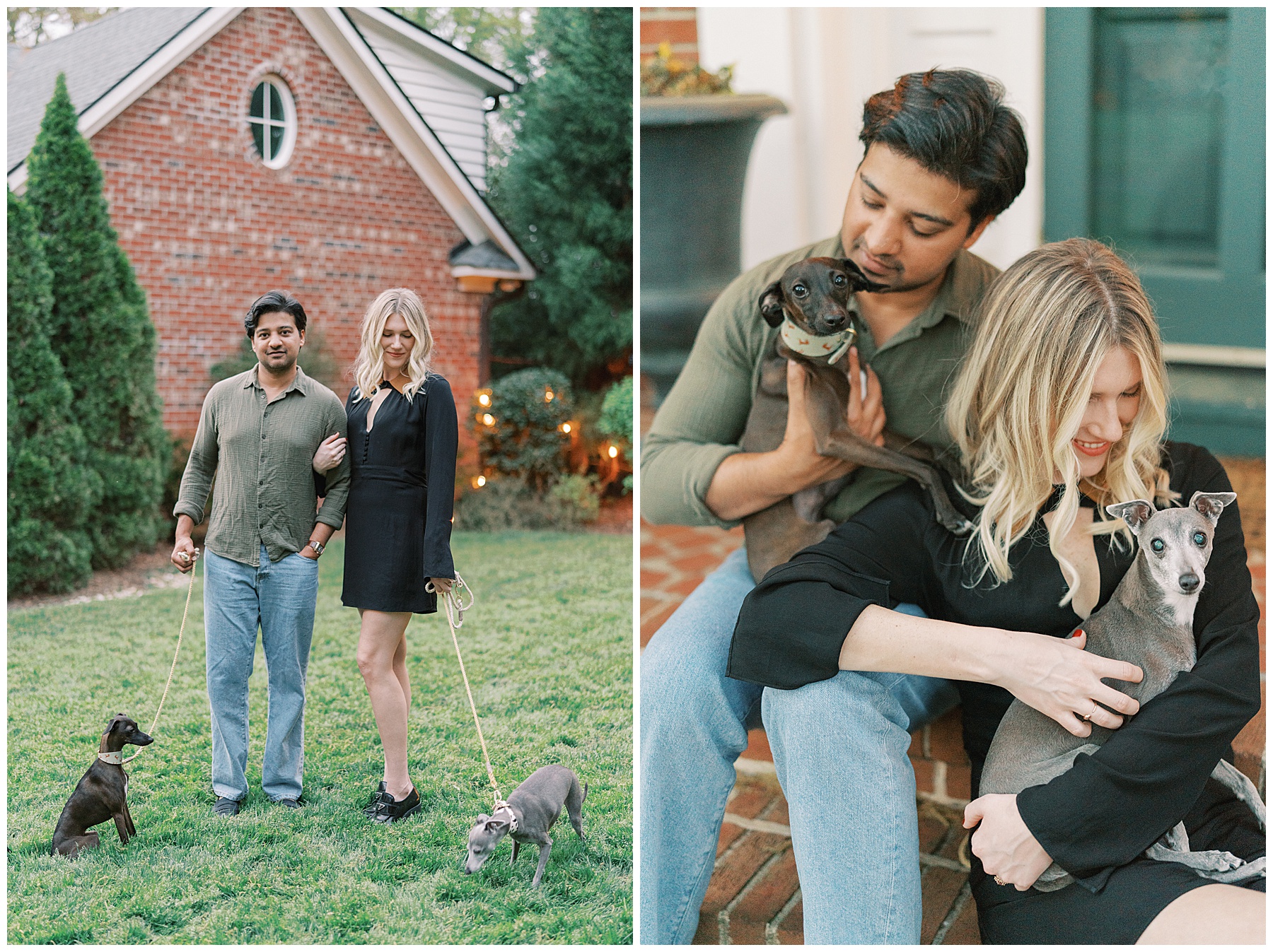 engaged couple poses with two dogs during Duke Mansion engagement session