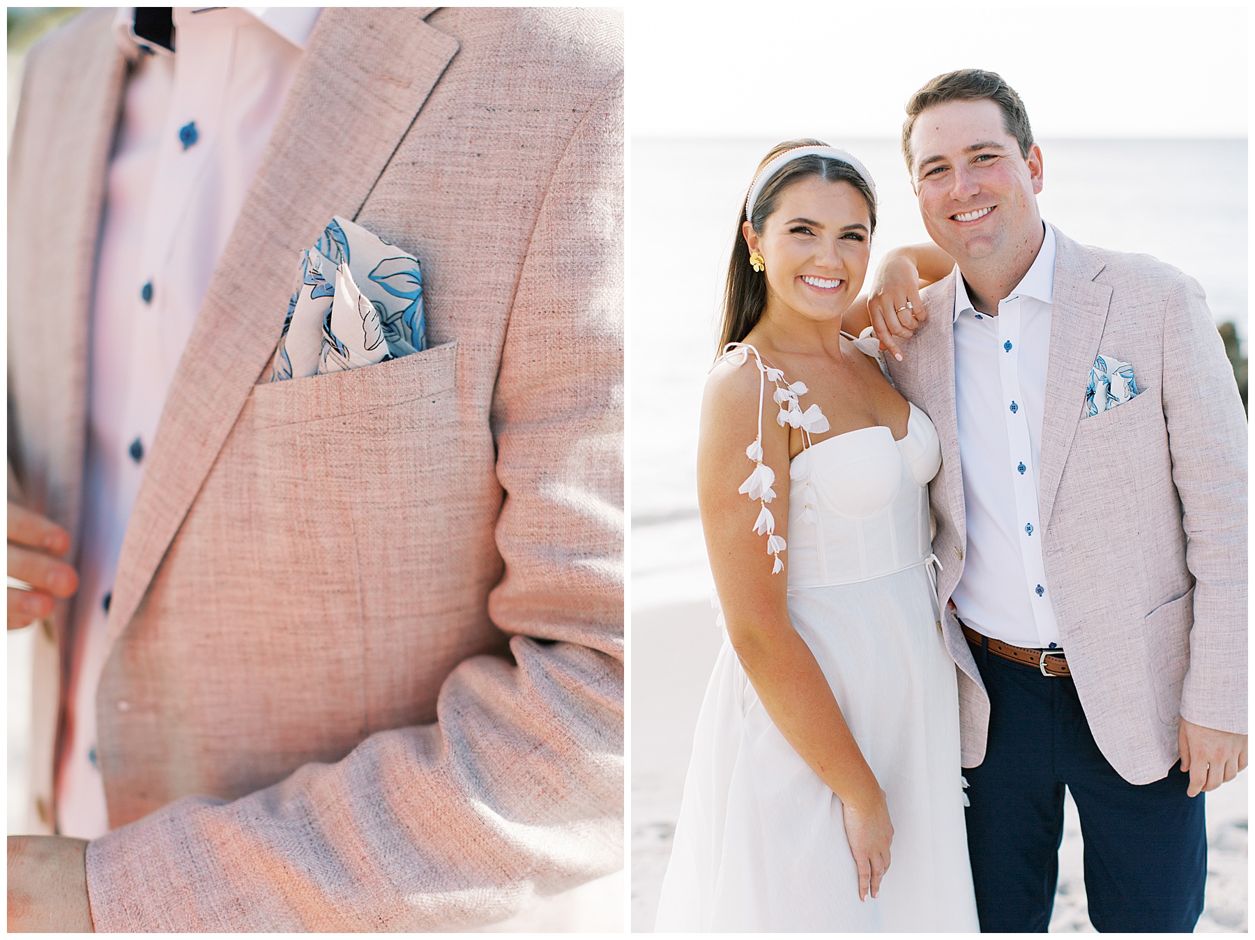 bride leans on groom's shoulder during rehearsal dinner on Naples FL beach 