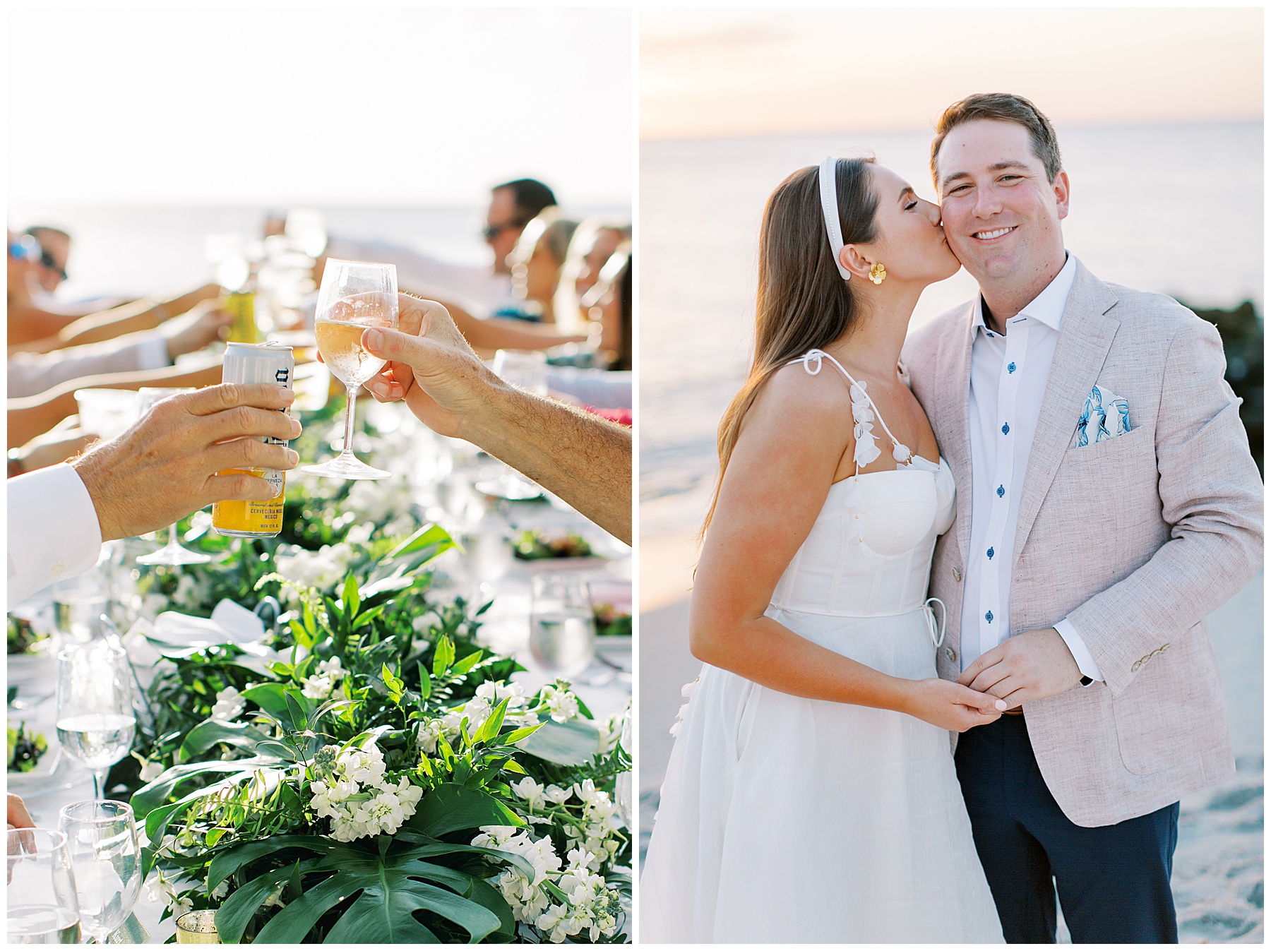 bride kisses groom's cheek standing on beach at sunset in Naples FL