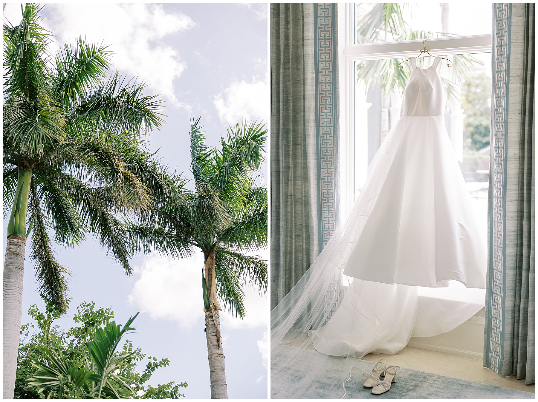 wedding dress hangs in the window of Florida home