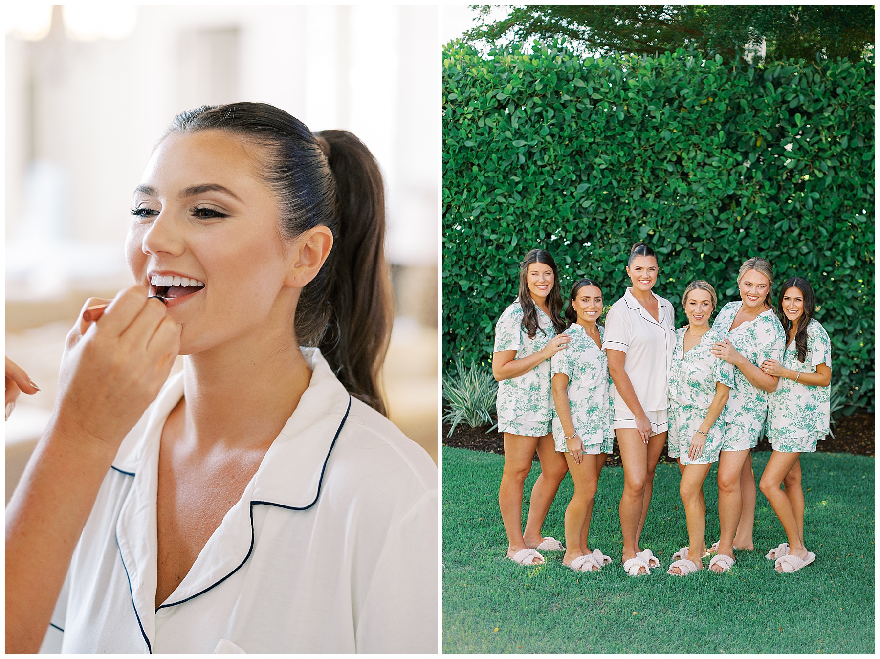 bride poses with bridesmaids in matching floral pajamas 