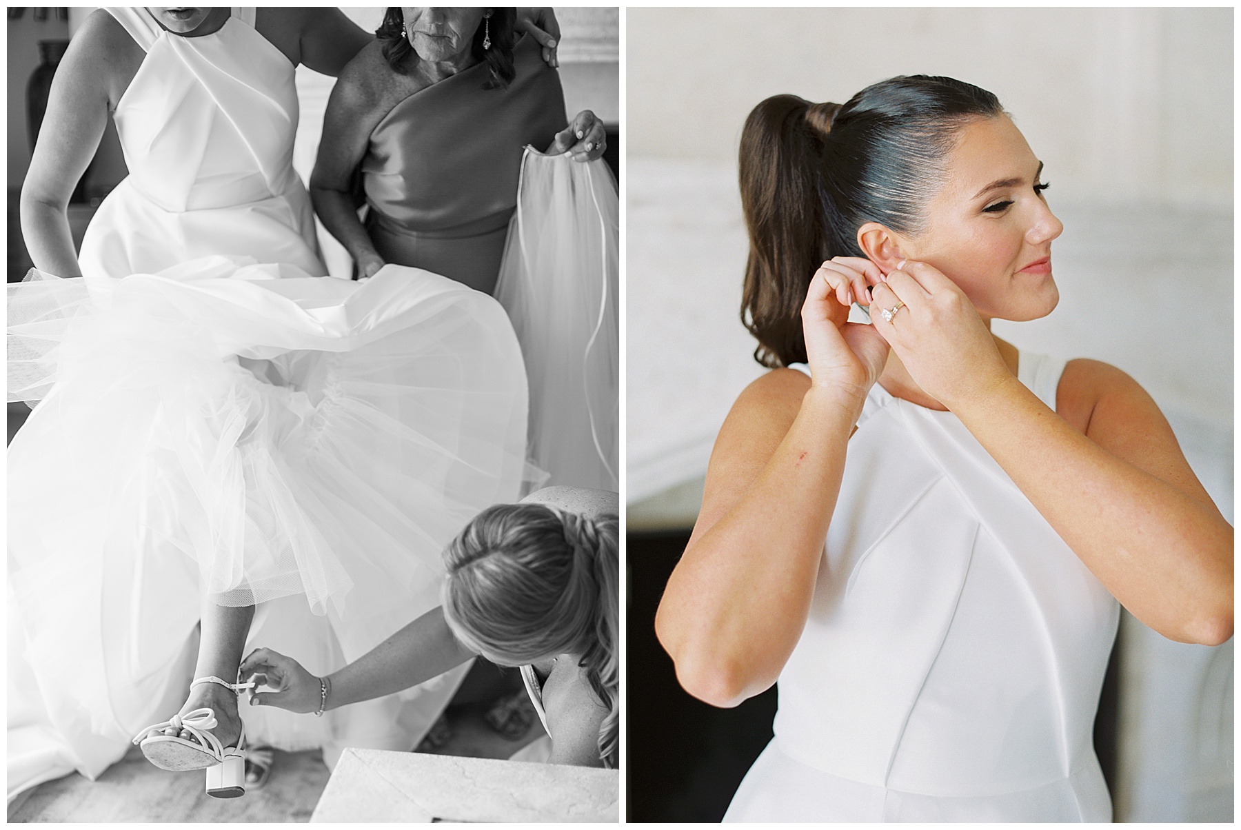 bridesmaid checks bow on shoes for bride while getting ready