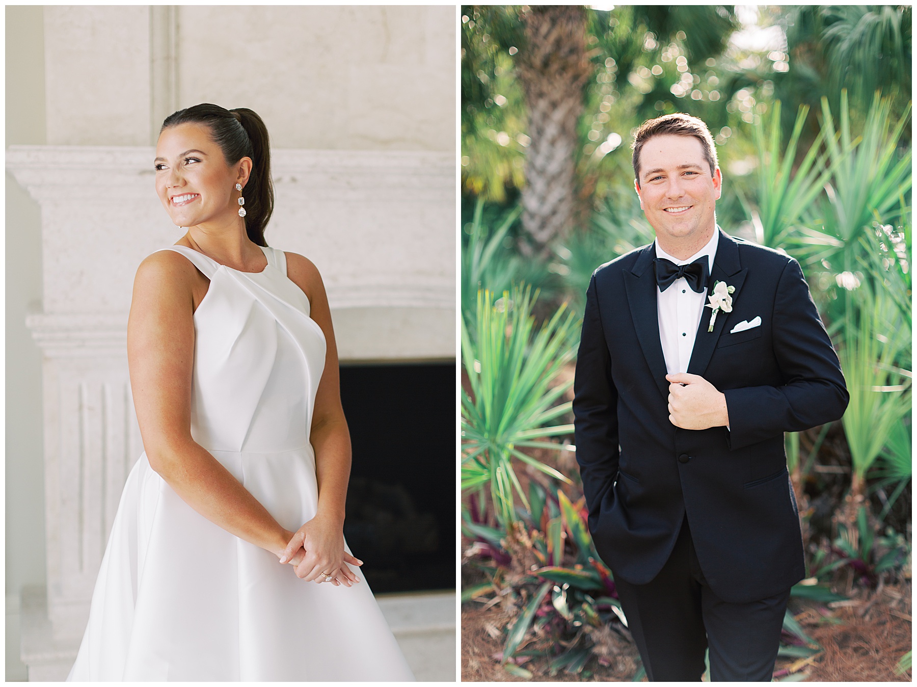 bride poses in wedding gown next to groom holding lapel of black tux