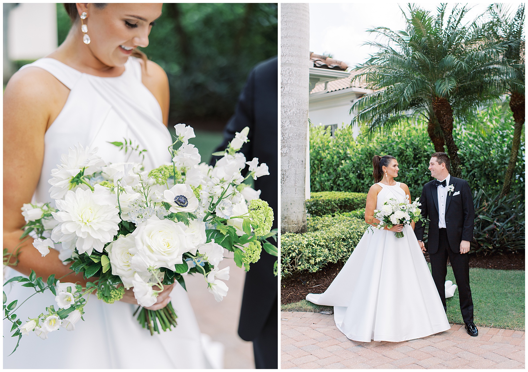 bride holds bouquet of white dahlias, roses, and green accents for Florida wedding 