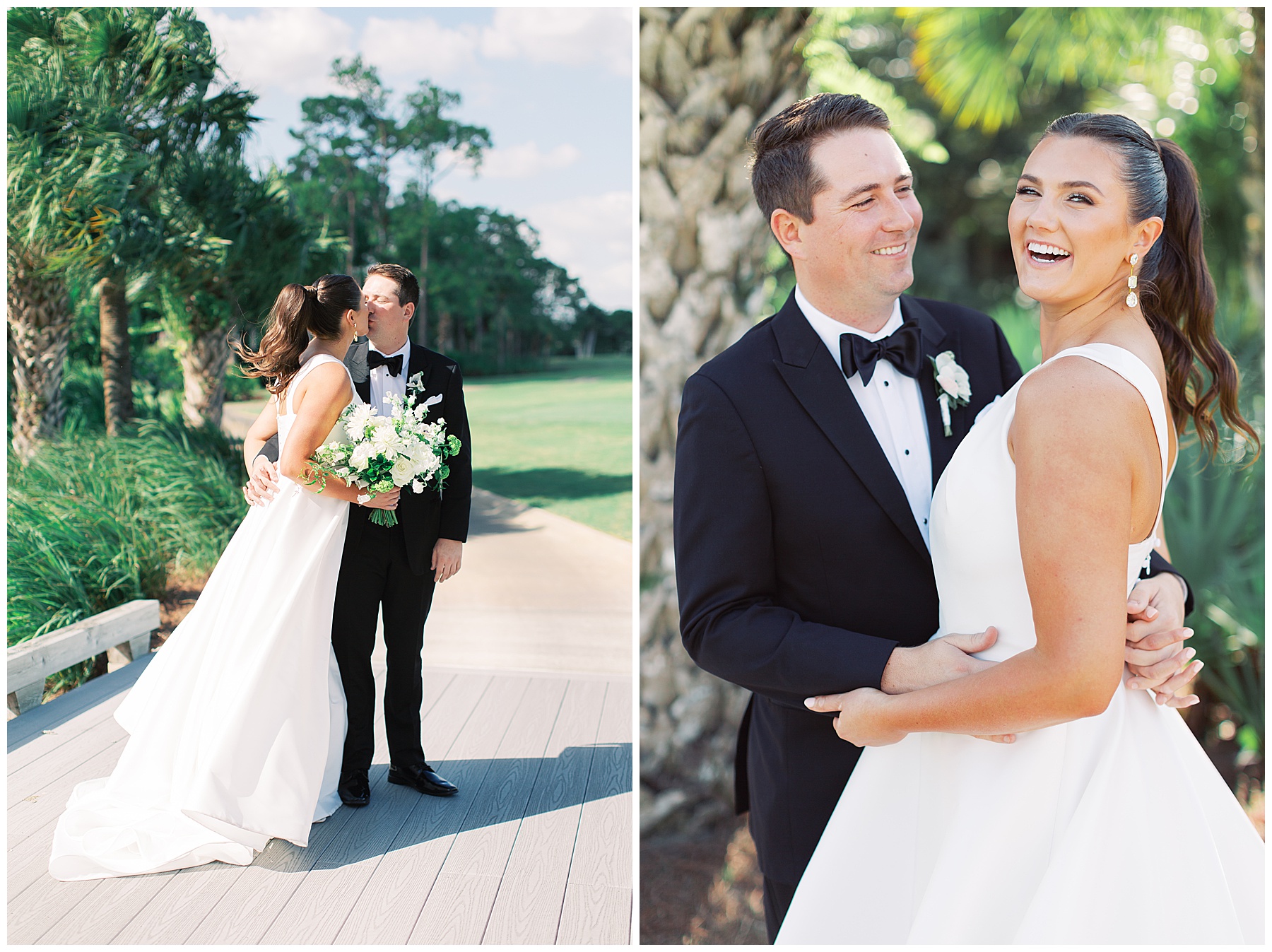 newlyweds hug and kiss on wooden bridge at Grey Oaks Country Club