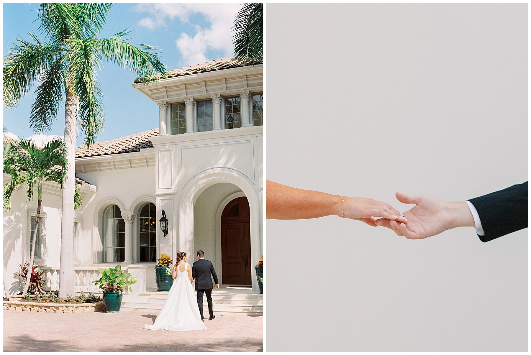 newlyweds hold hands walking towards steps of Grey Oaks Country Club