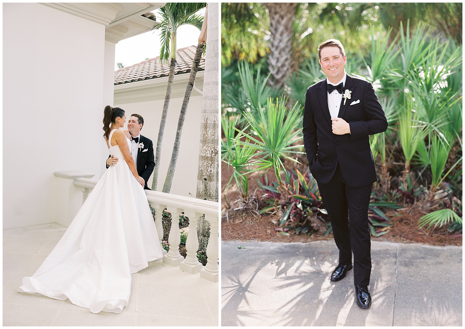 bride leans on groom who is sitting on railing at Grey Oaks Country Club