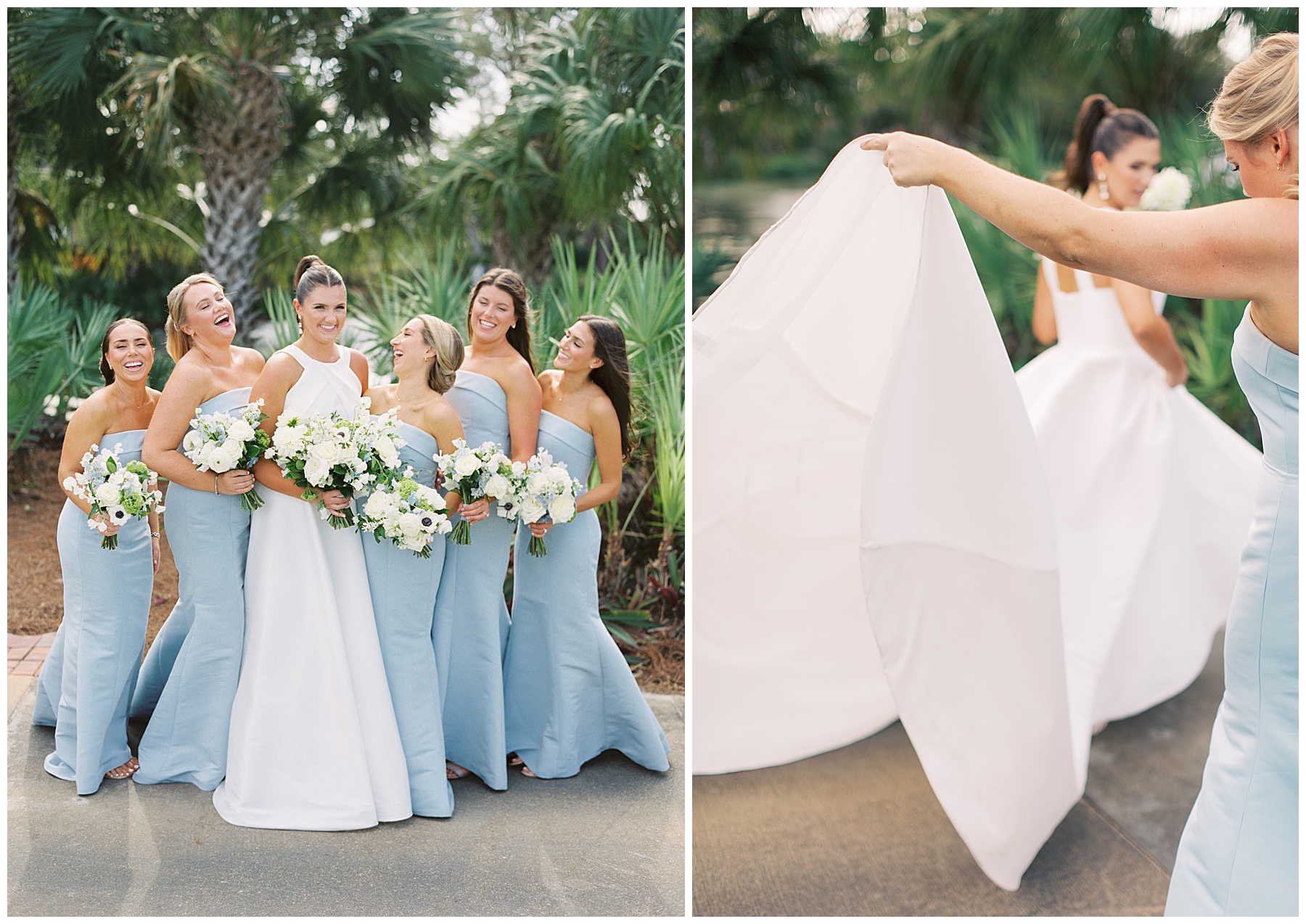 bride laughs with bridesmaids in light blue gowns holding white flowers at Grey Oaks Country Club