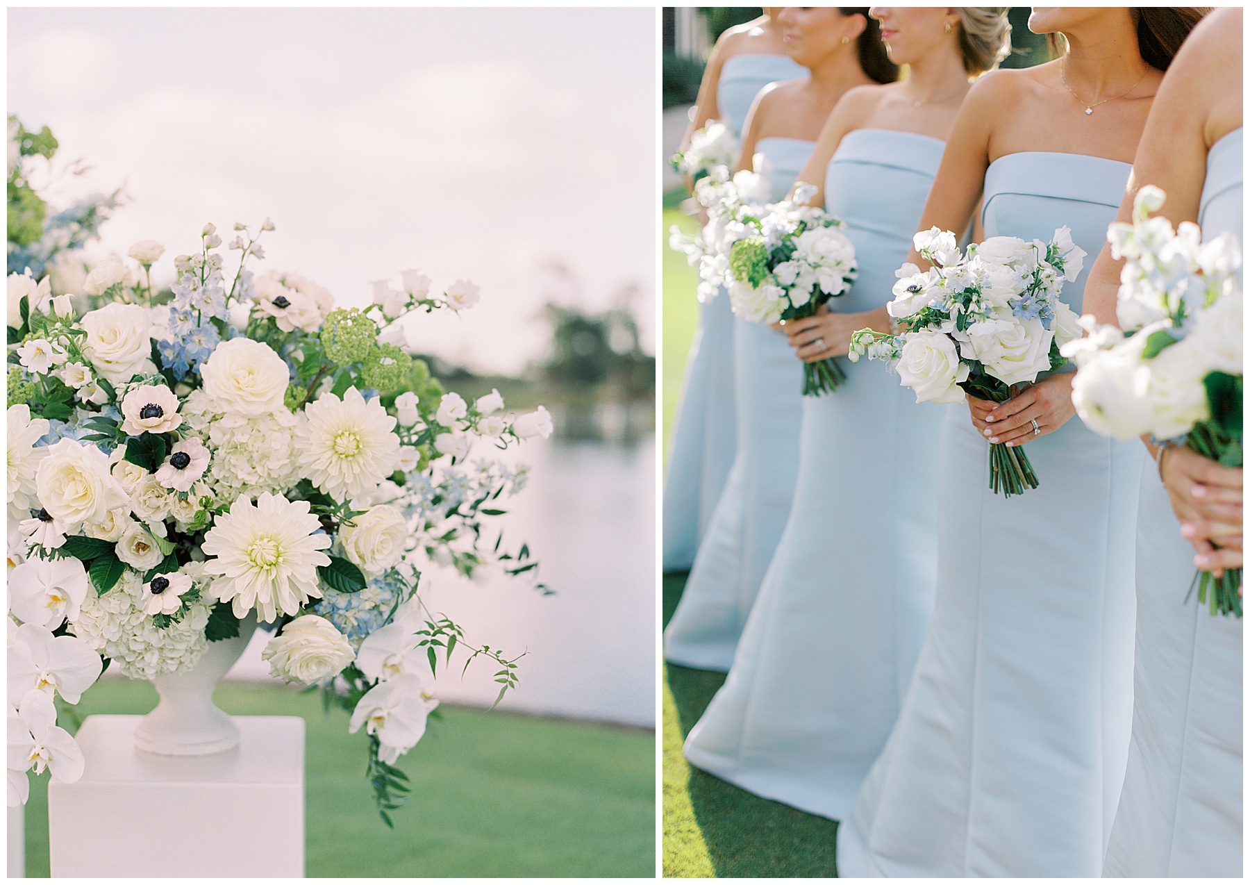 bridesmaids pose in blue strapless gowns holding white flowers during coastal inspired wedding at Grey Oaks Country Club