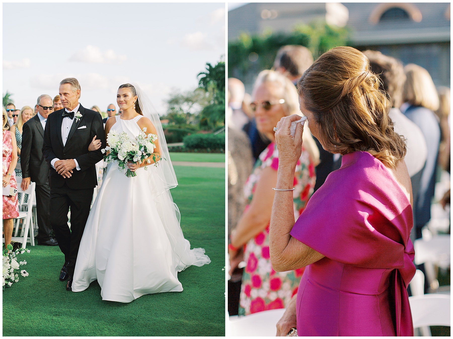 woman in pink dress wipes tears while bride walks down aisle with father 