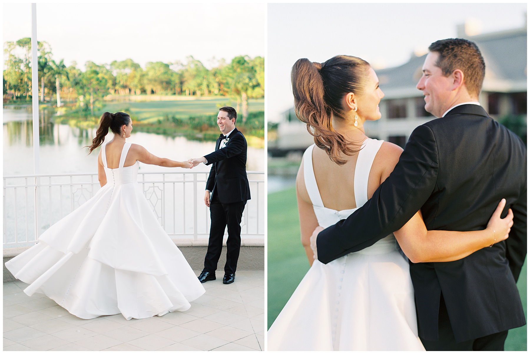 groom twirls bride out on patio at Grey Oaks Country Club and hugs her smiling 