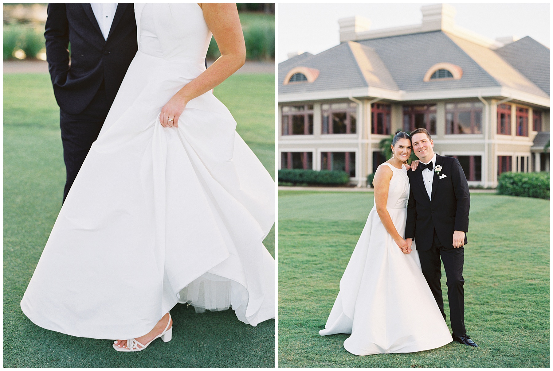 bride holds up skirt of wedding gown standing on lawn of Grey Oaks Country Club with groom next to her