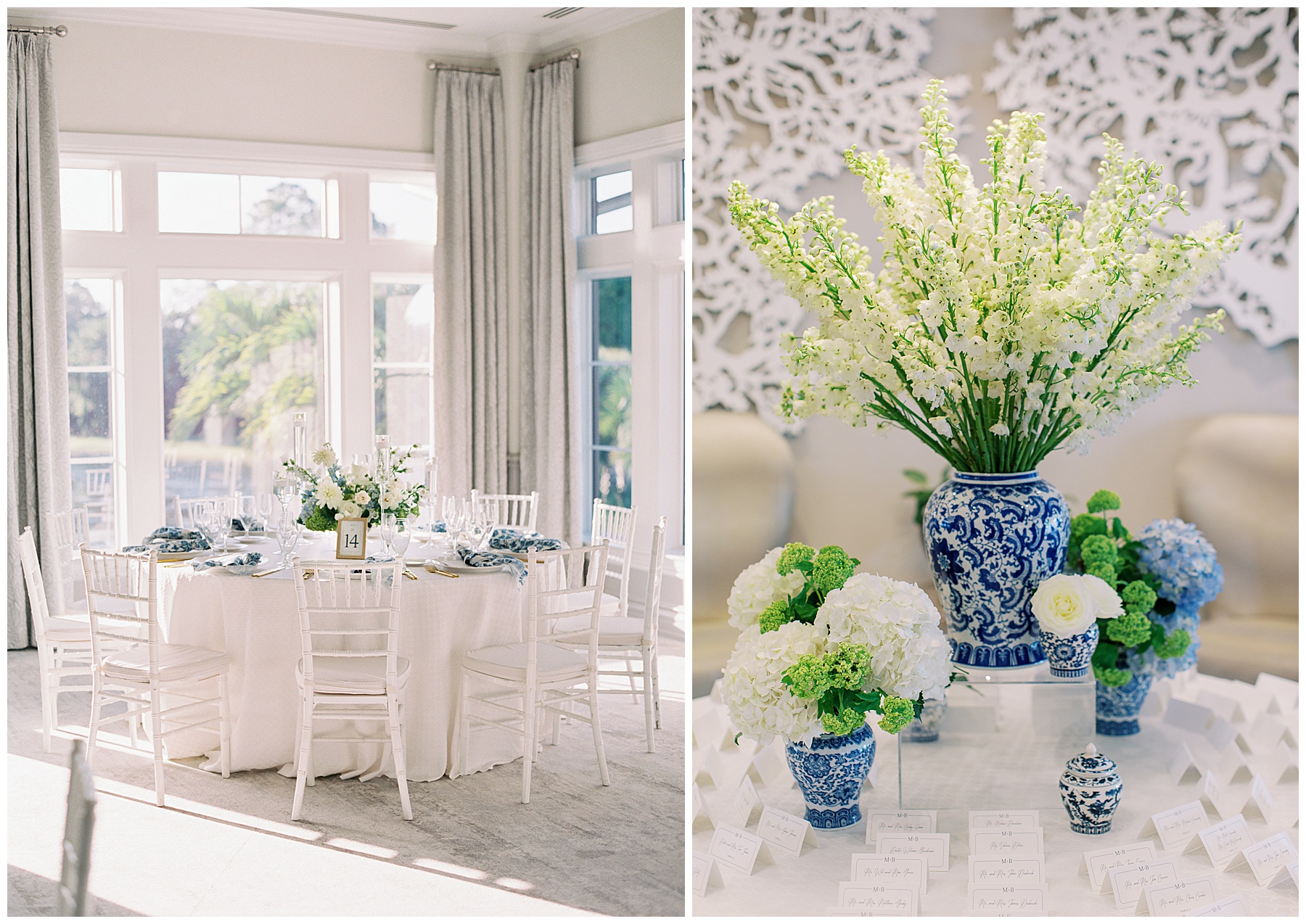 coastal inspired wedding reception with blue and white china and white flowers at Grey Oaks Country Club