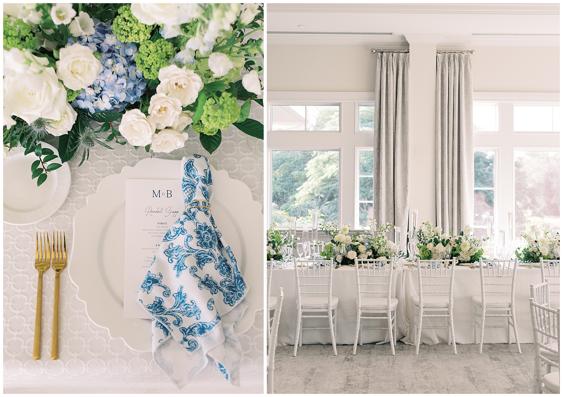 blue and white coastal inspired place setting and florals for reception at Grey Oaks Country Club