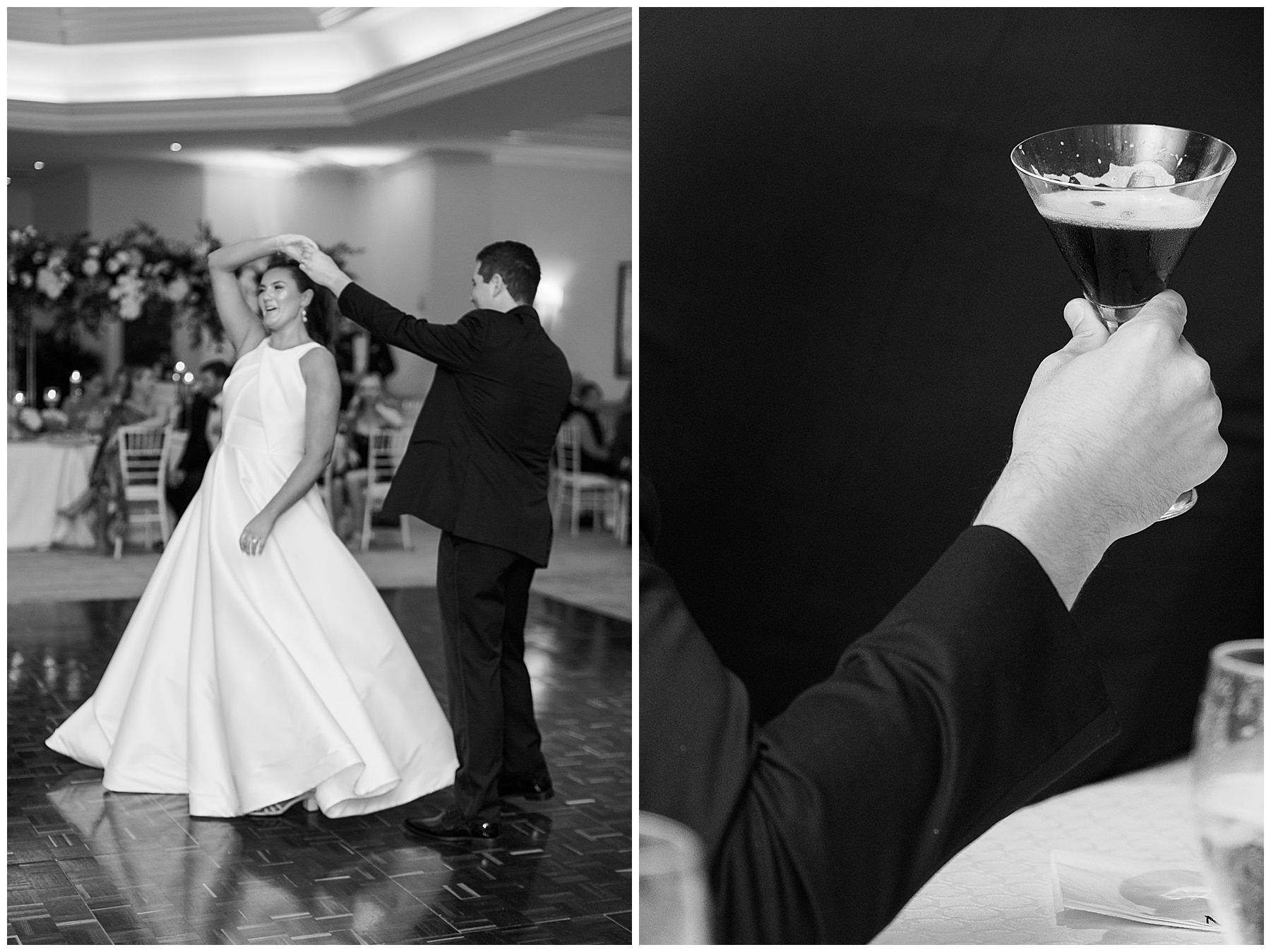 groom twirls bride under his arm during reception in ballroom at Grey Oaks Country Club while groom holds martini 