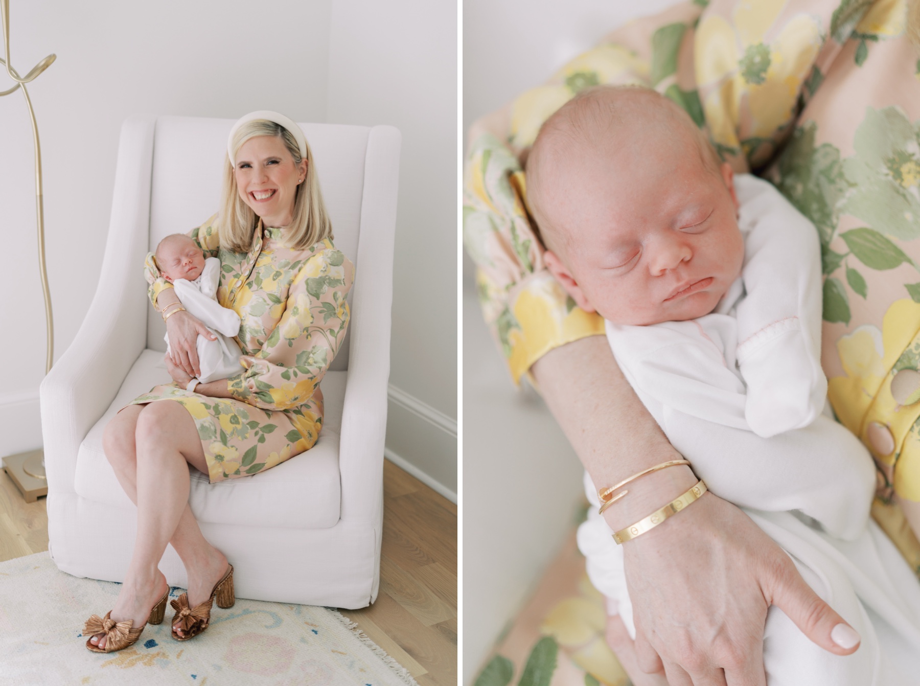 mother in a yellow and pink floral dress cradles her newborn daughter during lifestyle newborn photography in Charlotte NC