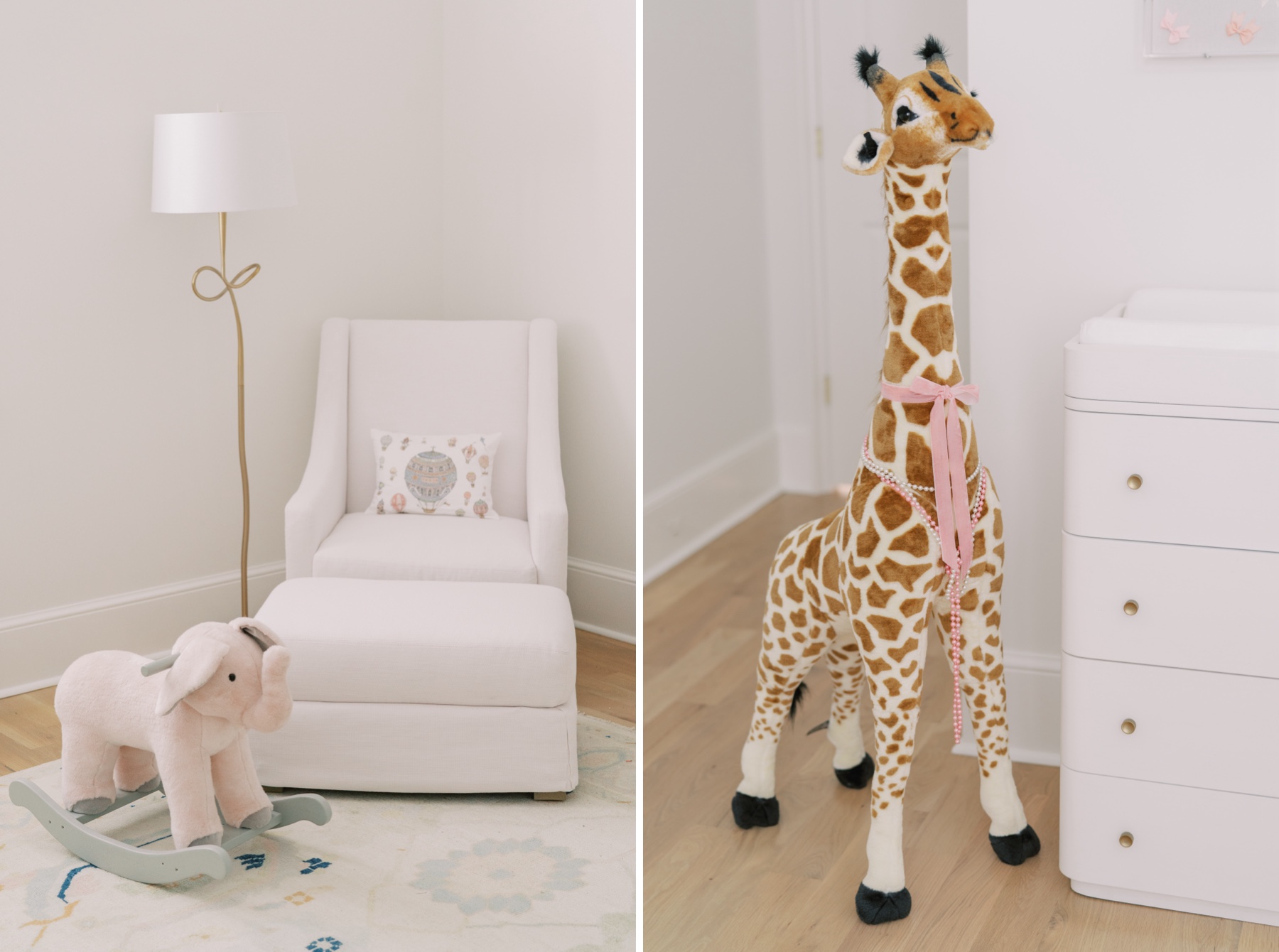 plush toys and a white rocking chair for a baby girl's nursery in a home in Charlotte