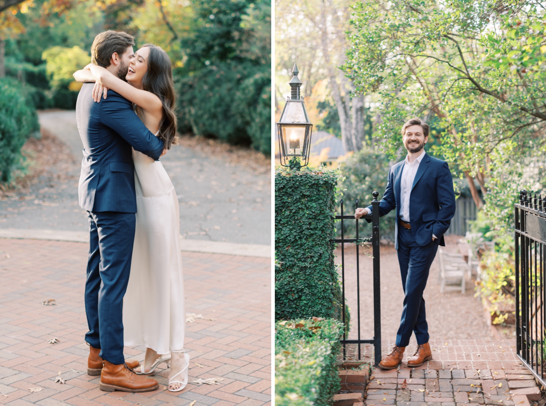 groom in navy suit leans on black fence outside Duke Mansion 