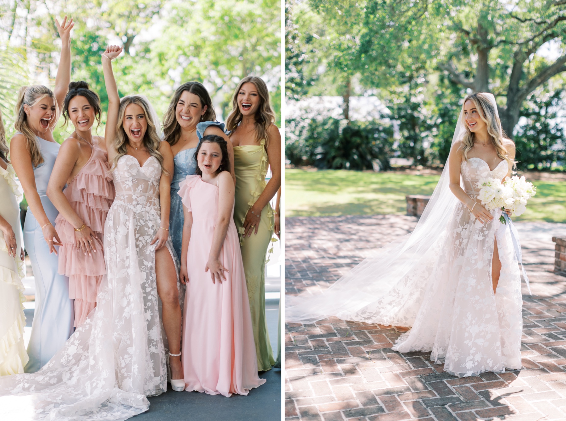 bride in wedding dress with bridesmaids 