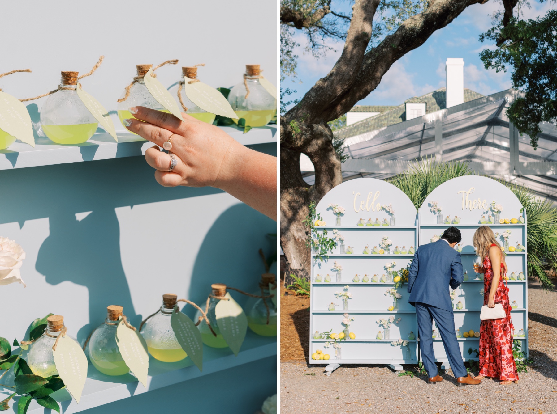 wedding guests look at limoncello escort wall to find their table assignment 