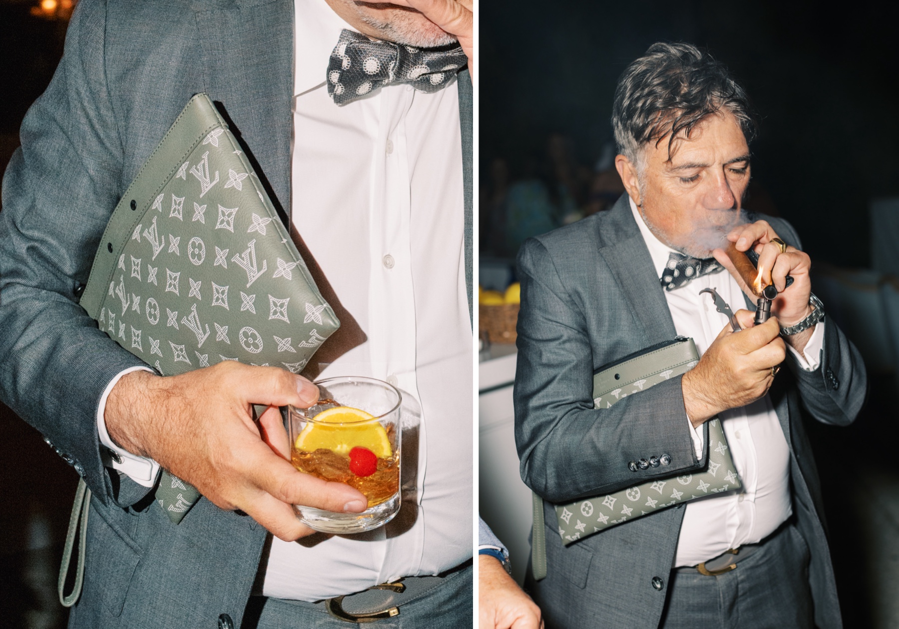 man with drink smokes cigar