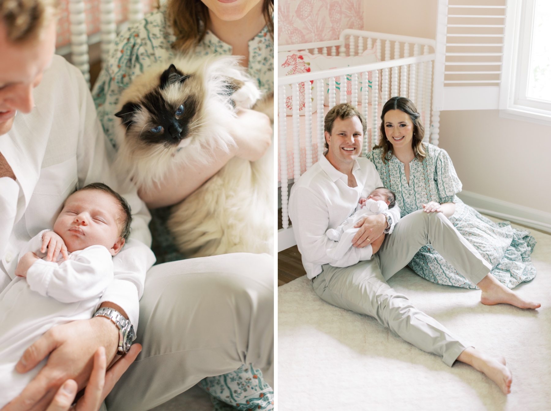 family photos during newborn session with family cat