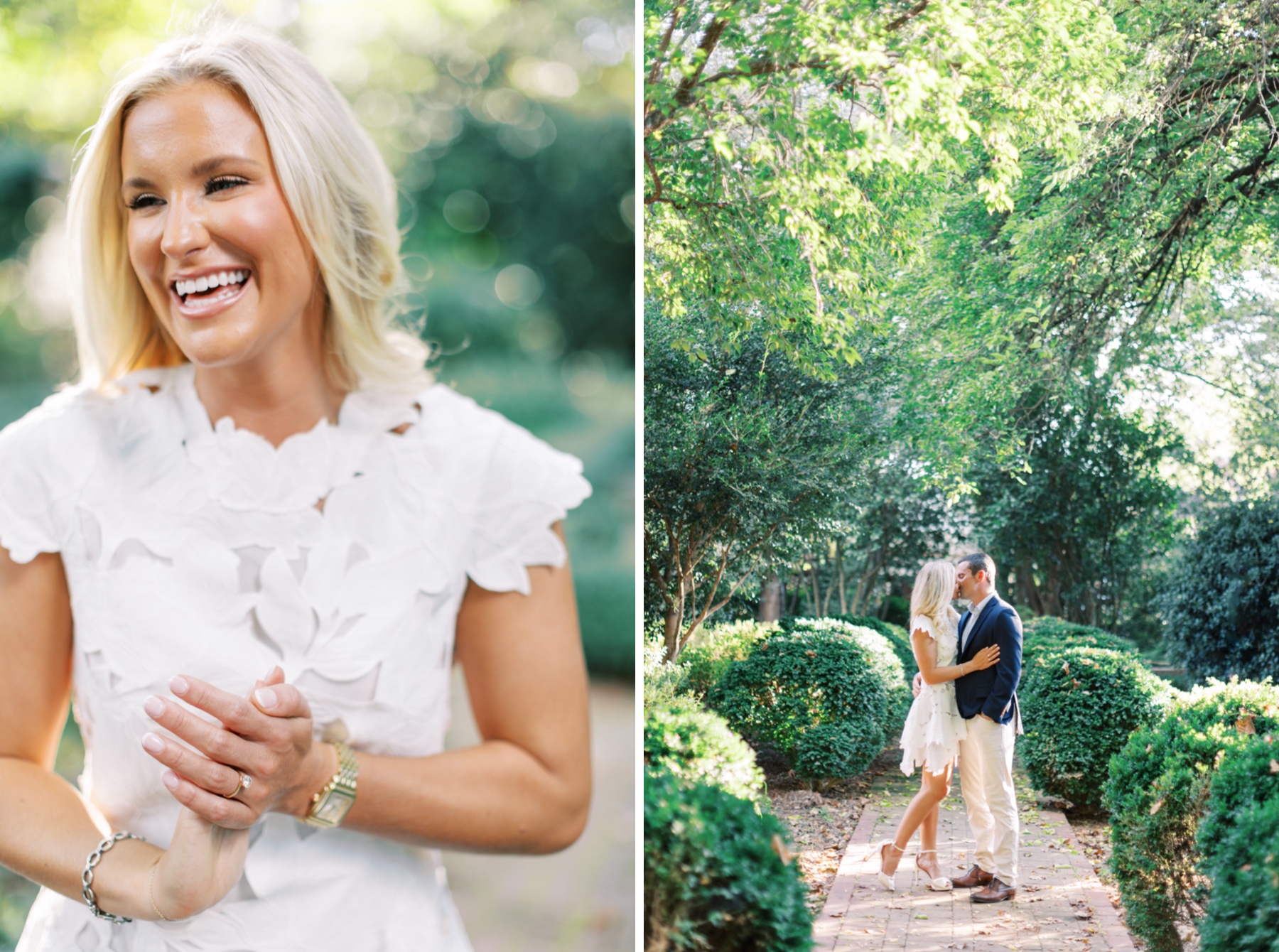 Engaged couple kiss in garden 