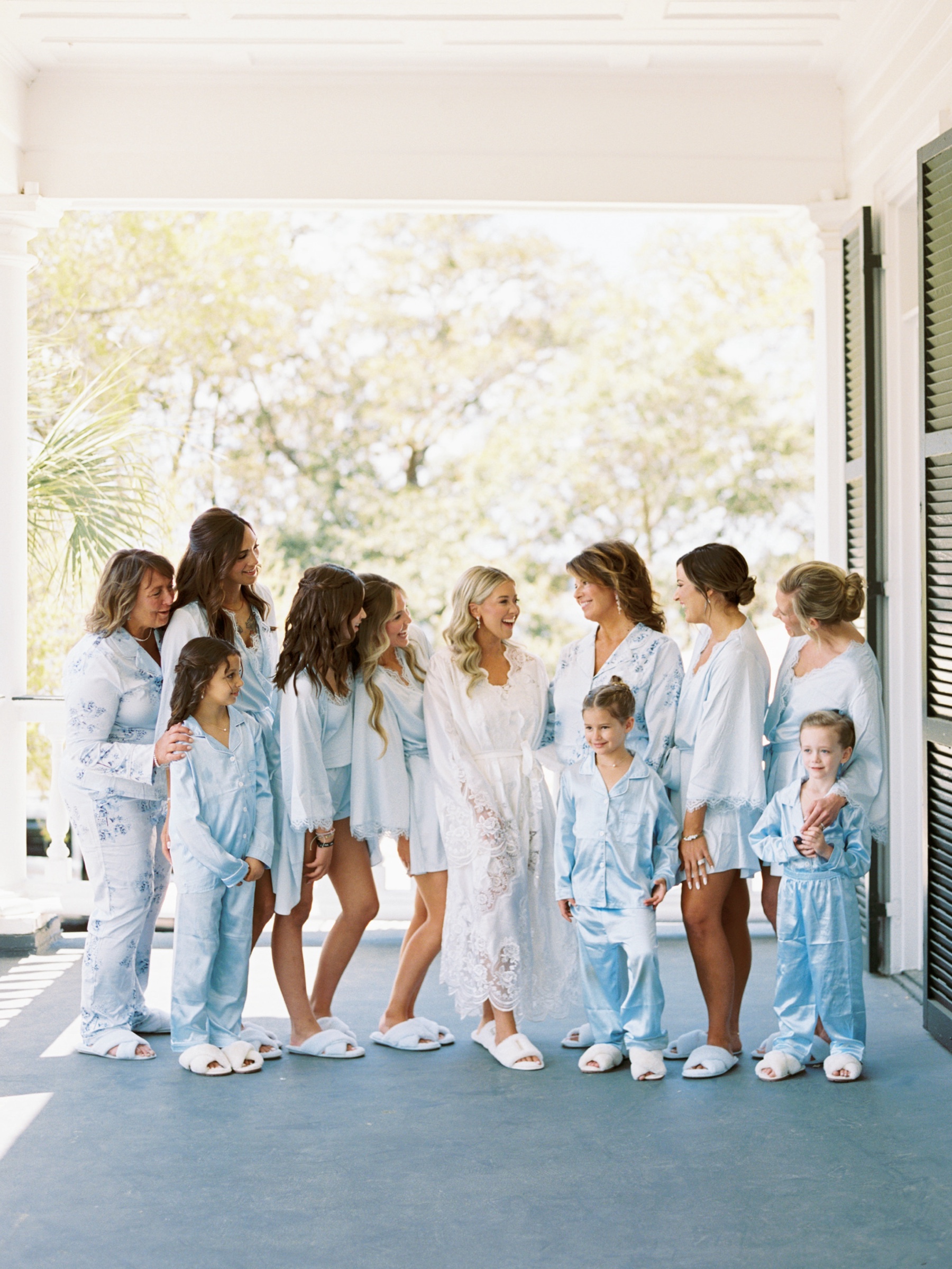 Bridal party in matching pjs with bride