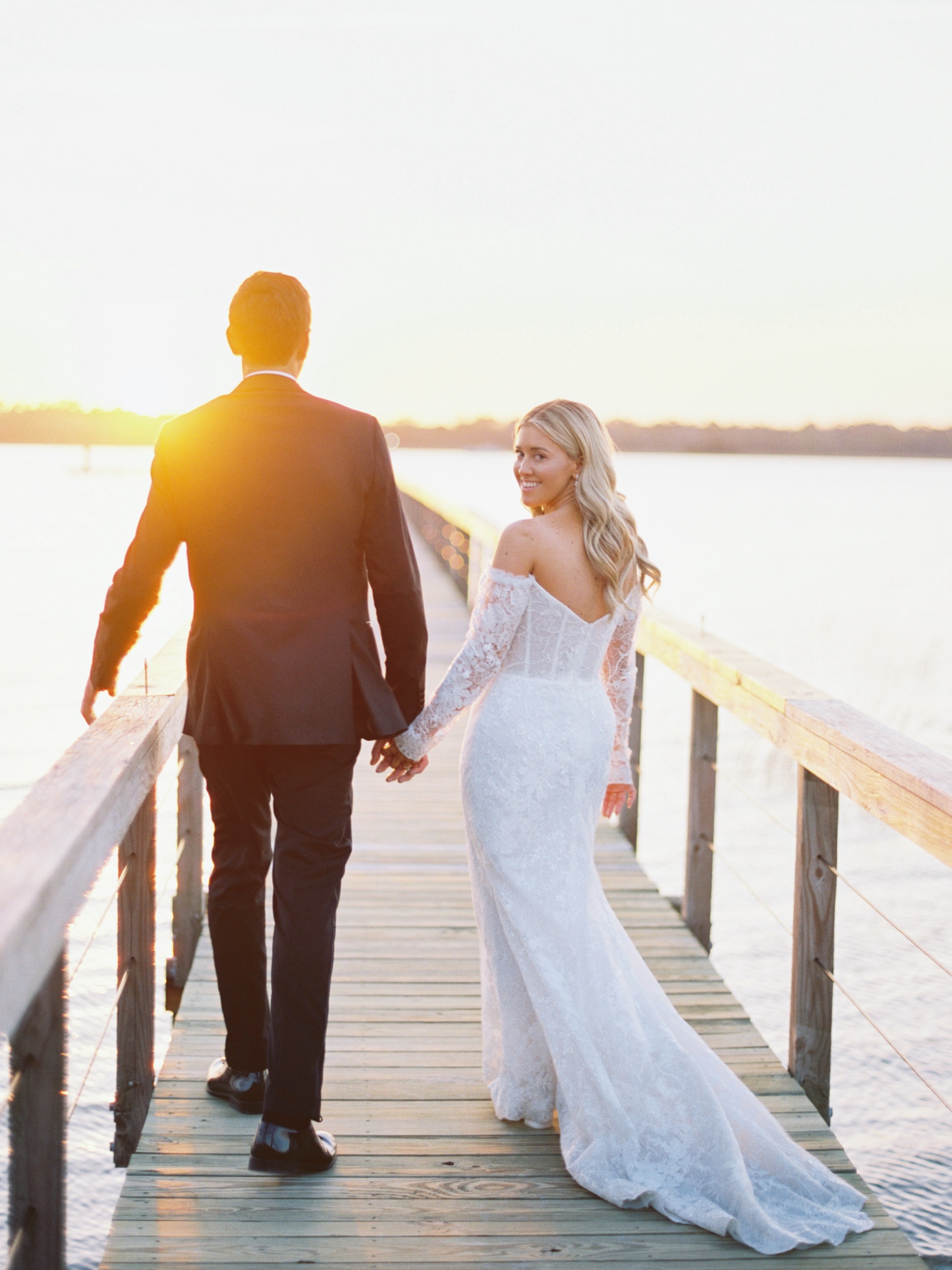 sunset wedding portraits by the ocean in Charleston, SC