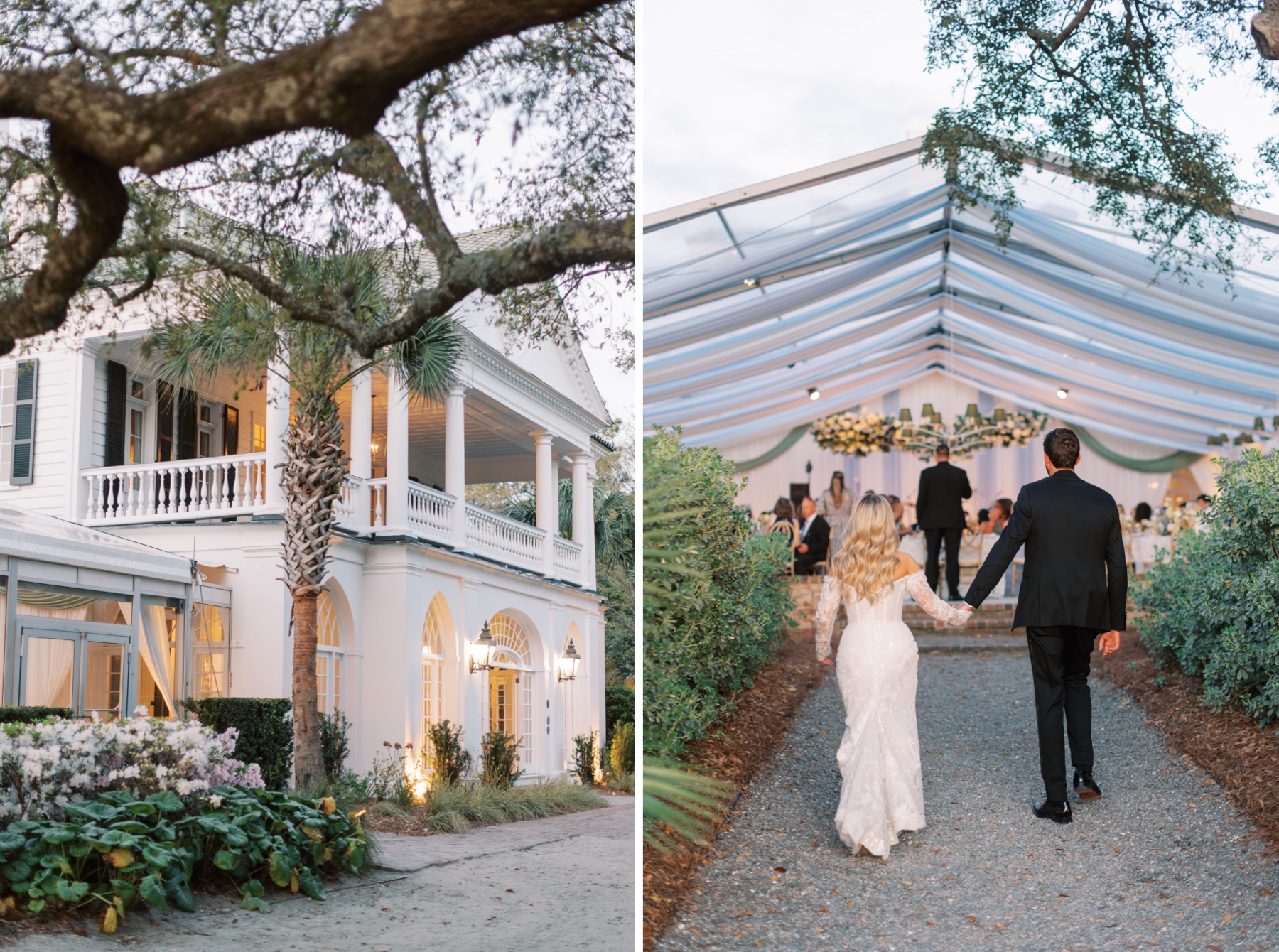 bride and groom walk towards reception 