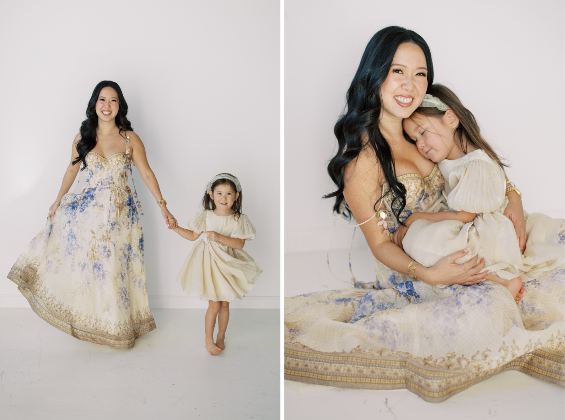 mother and daughter in beautiful gowns during mother daughter photoshoot