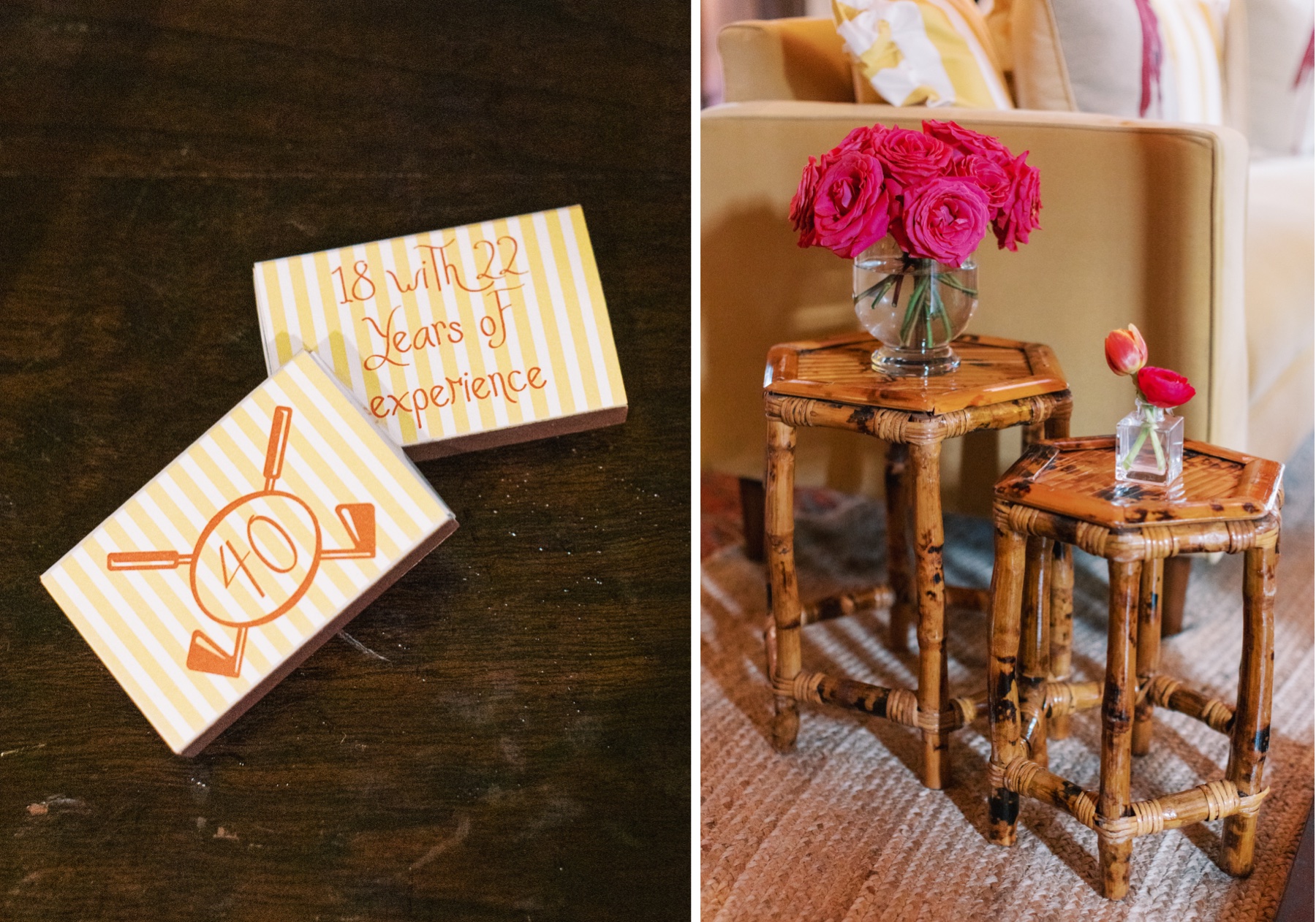 custom matchbox and bright pink flowers