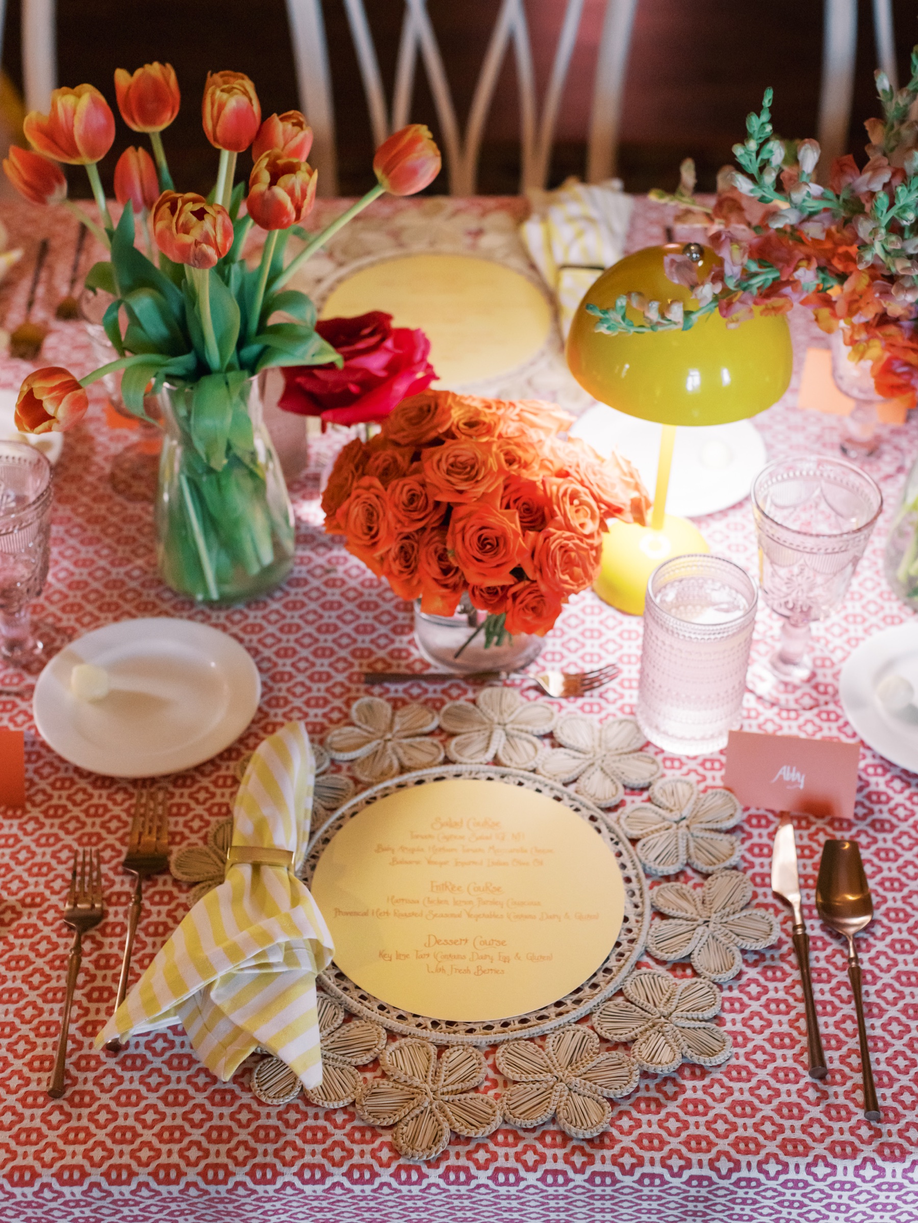 florals on tablescape with bright colors and playful energy