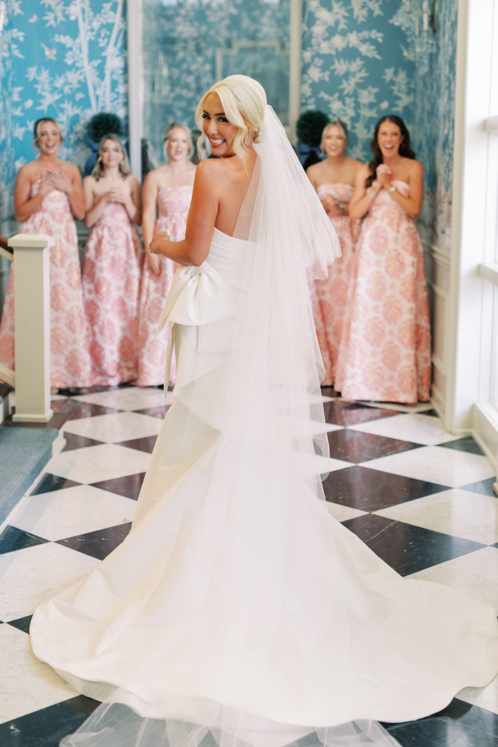 Bridesmaids first look with bride